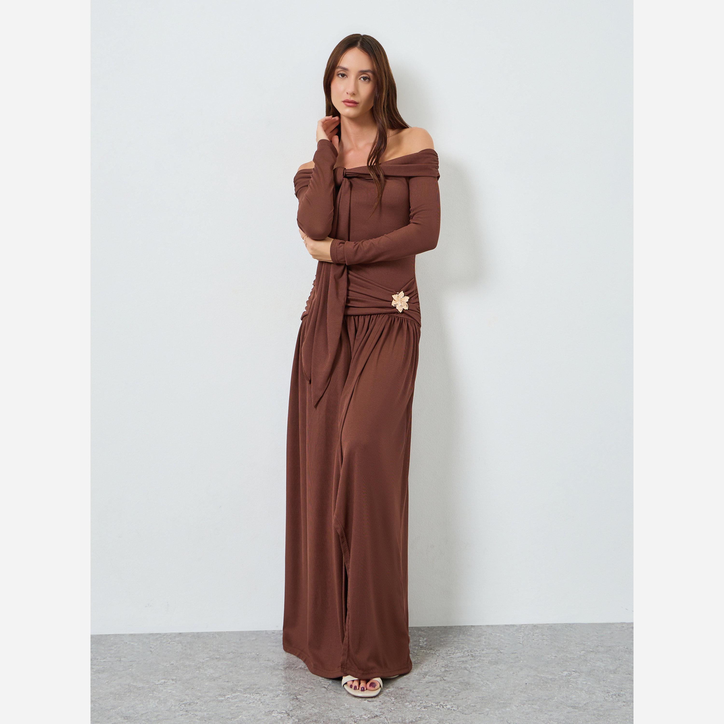 Take Two Women's Solid Off Shoulder Flower Mental Bukle Front Detail Long Sleeve Split Hem Maxi Dress-women-clothing-dresses-image-2
