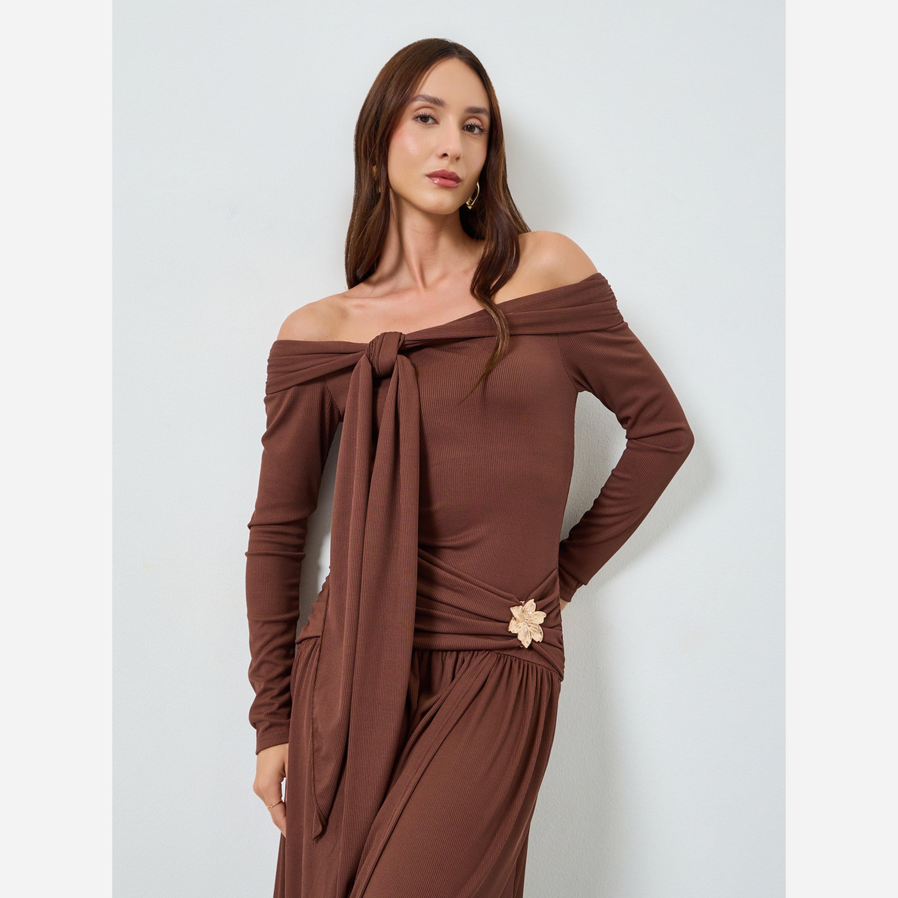 Take Two Women's Solid Off Shoulder Flower Mental Bukle Front Detail Long Sleeve Split Hem Maxi Dress-women-clothing-dresses-image-3