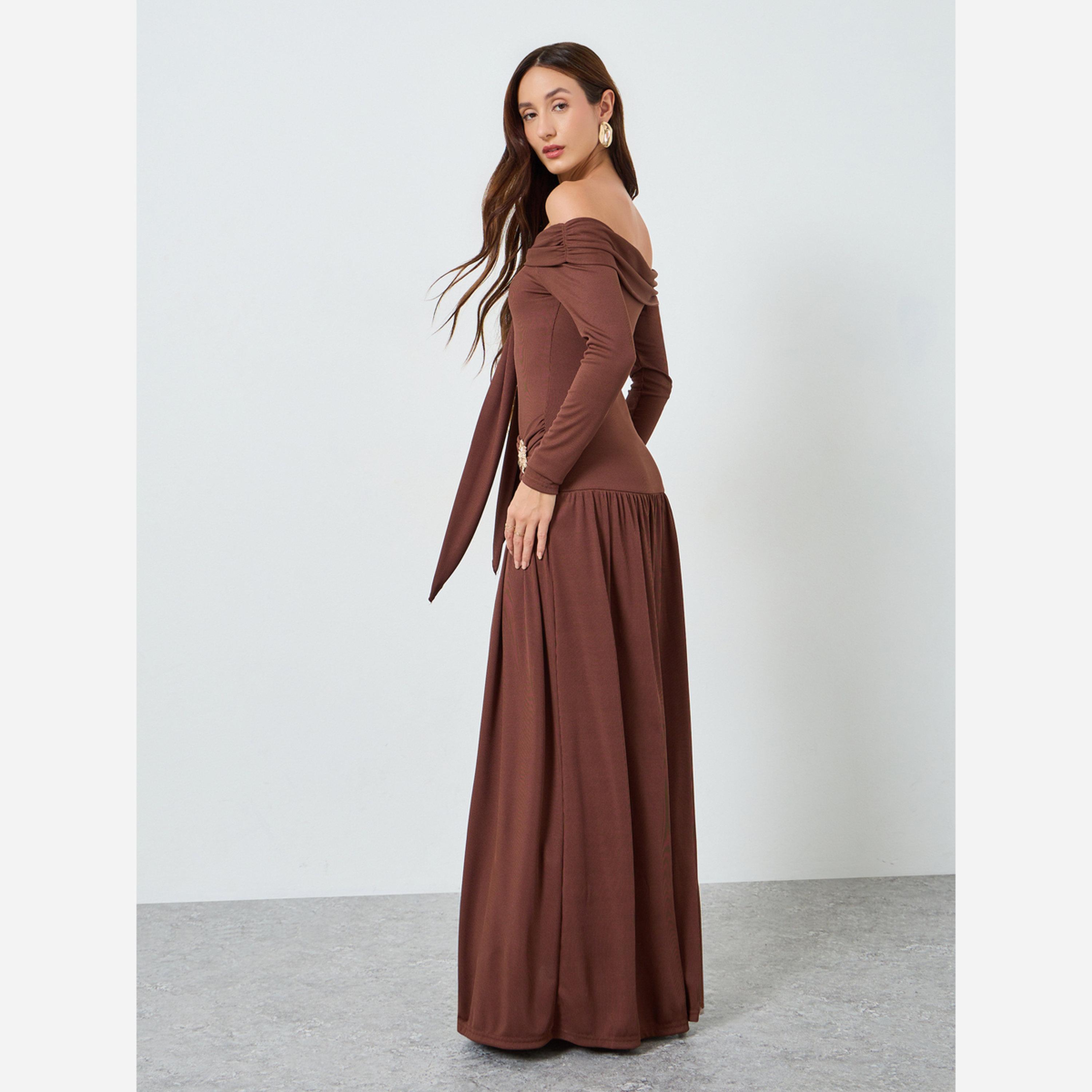 Take Two Women's Solid Off Shoulder Flower Mental Bukle Front Detail Long Sleeve Split Hem Maxi Dress-women-clothing-dresses-image-4