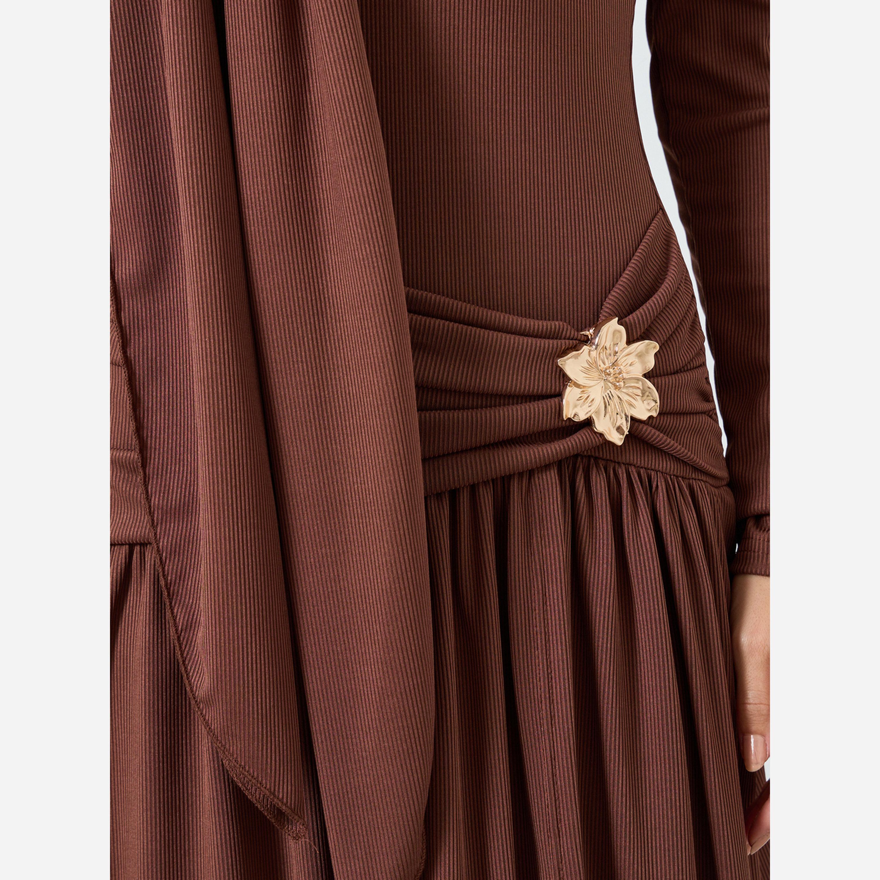 Take Two Women's Solid Off Shoulder Flower Mental Bukle Front Detail Long Sleeve Split Hem Maxi Dress-women-clothing-dresses-image-5