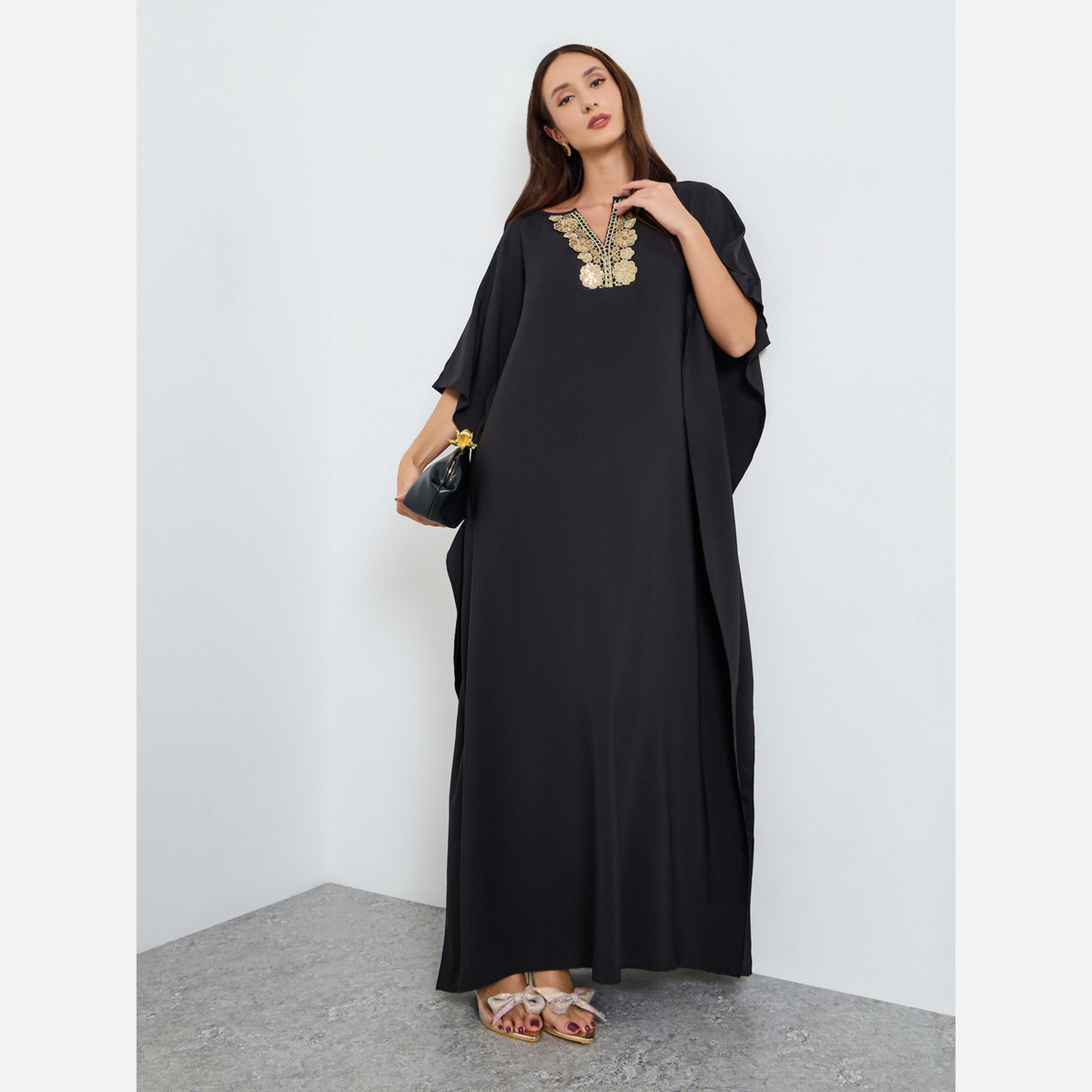 تيك تو - فستان متوسط الطول نسائي مقاس واسع ياقة شكل سبعة مزين بالزهور-women-clothing-dresses-image-1