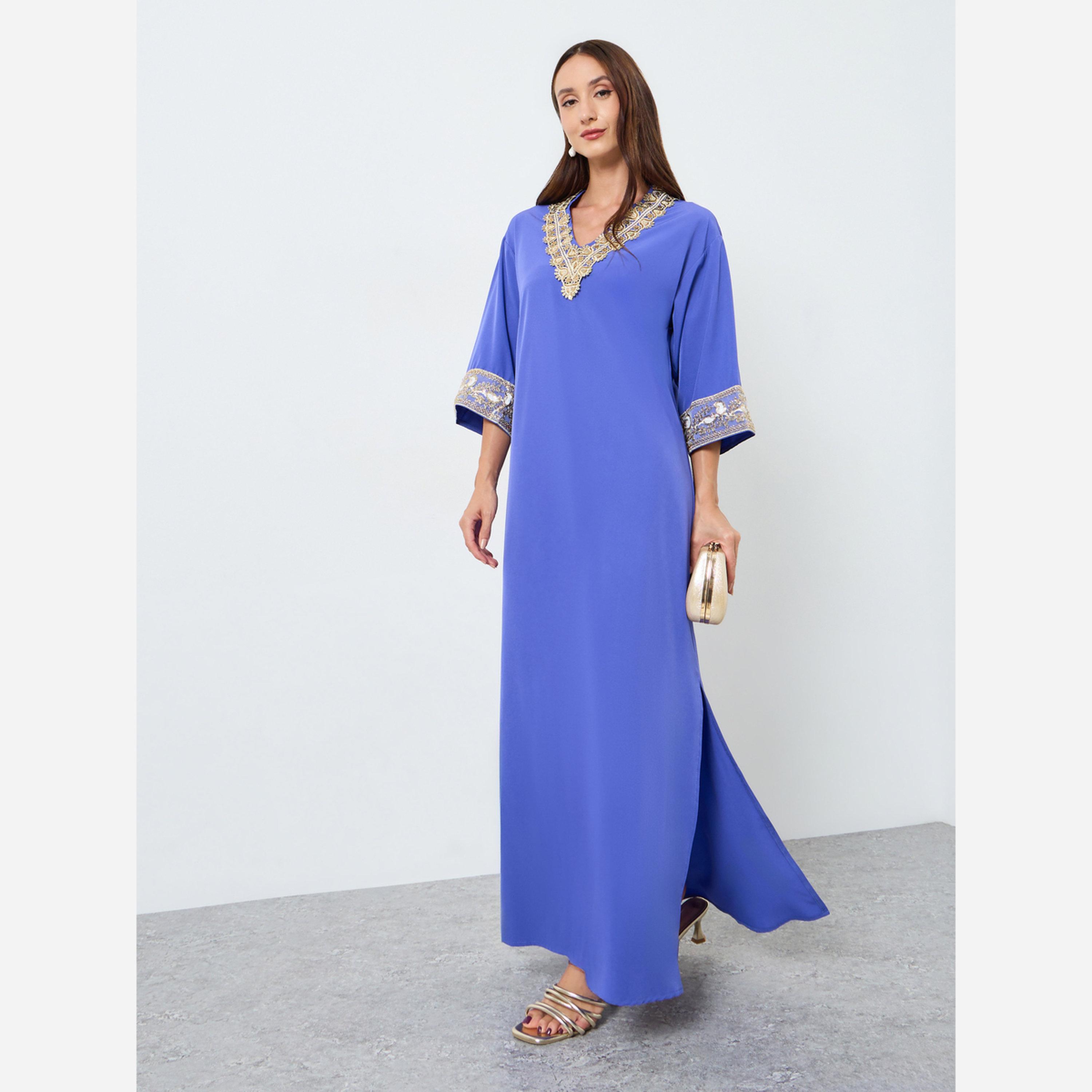 Take Two Women's Solid with Graphic Embroidered Trim Detail V Neck Long Sleeve Maxi Dress-women-clothing-dresses-image-1