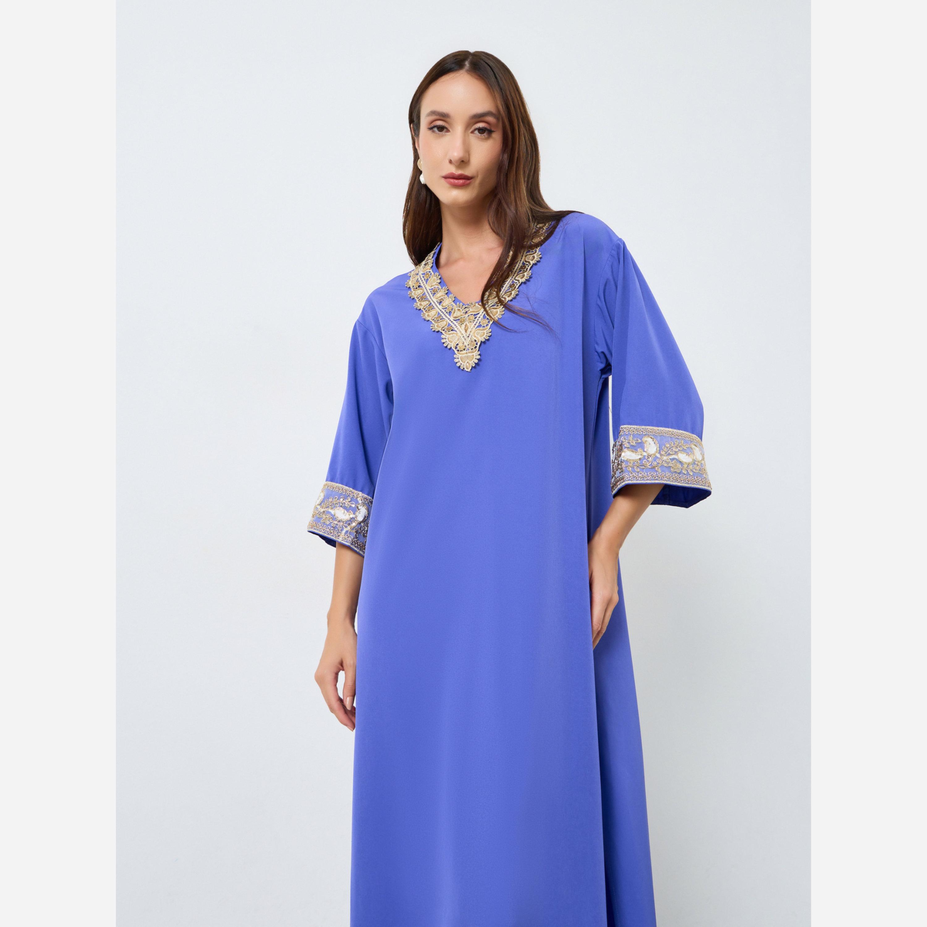 Take Two Women's Solid with Graphic Embroidered Trim Detail V Neck Long Sleeve Maxi Dress-women-clothing-dresses-image-2