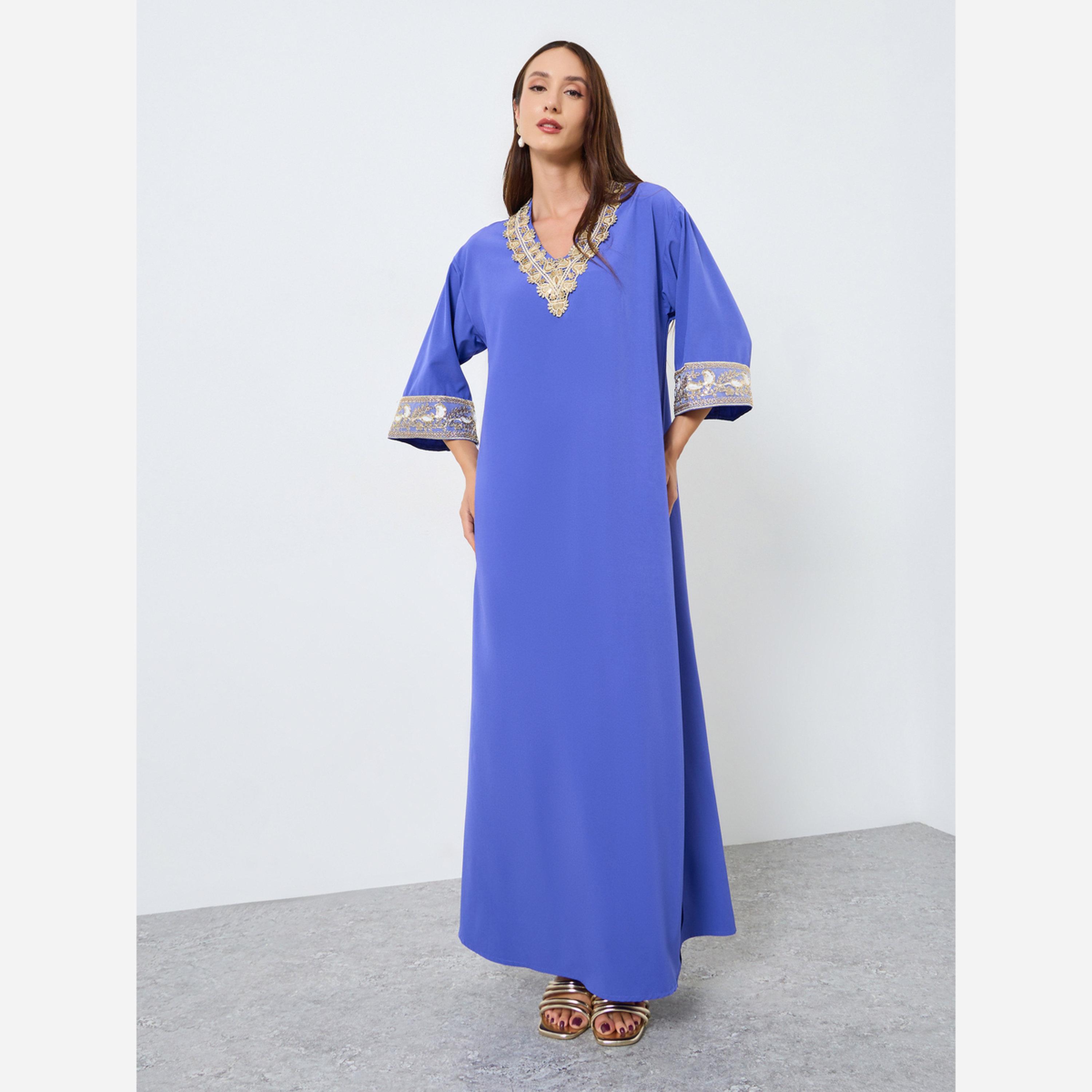 Take Two Women's Solid with Graphic Embroidered Trim Detail V Neck Long Sleeve Maxi Dress-women-clothing-dresses-image-3