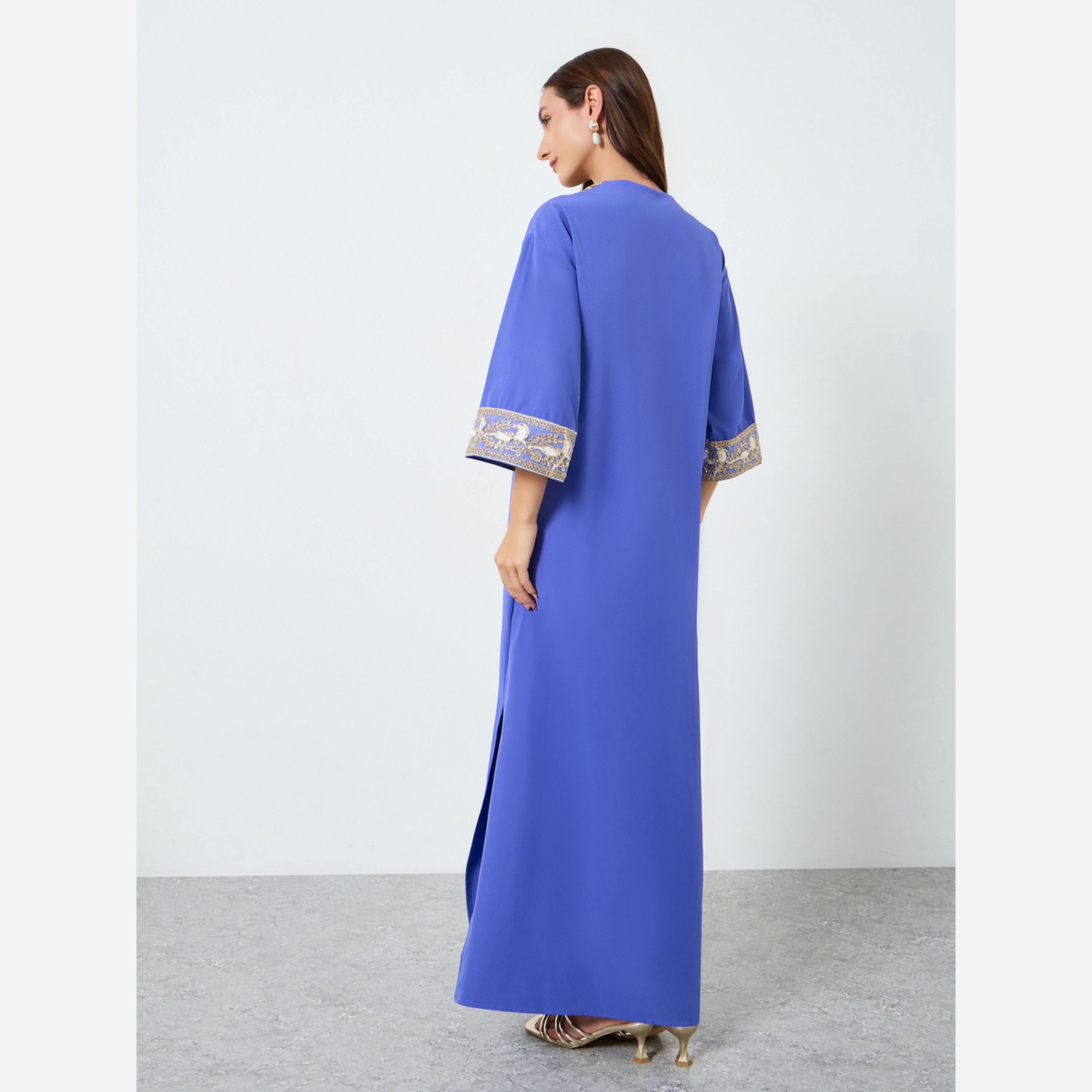 Take Two Women's Solid with Graphic Embroidered Trim Detail V Neck Long Sleeve Maxi Dress-women-clothing-dresses-image-4