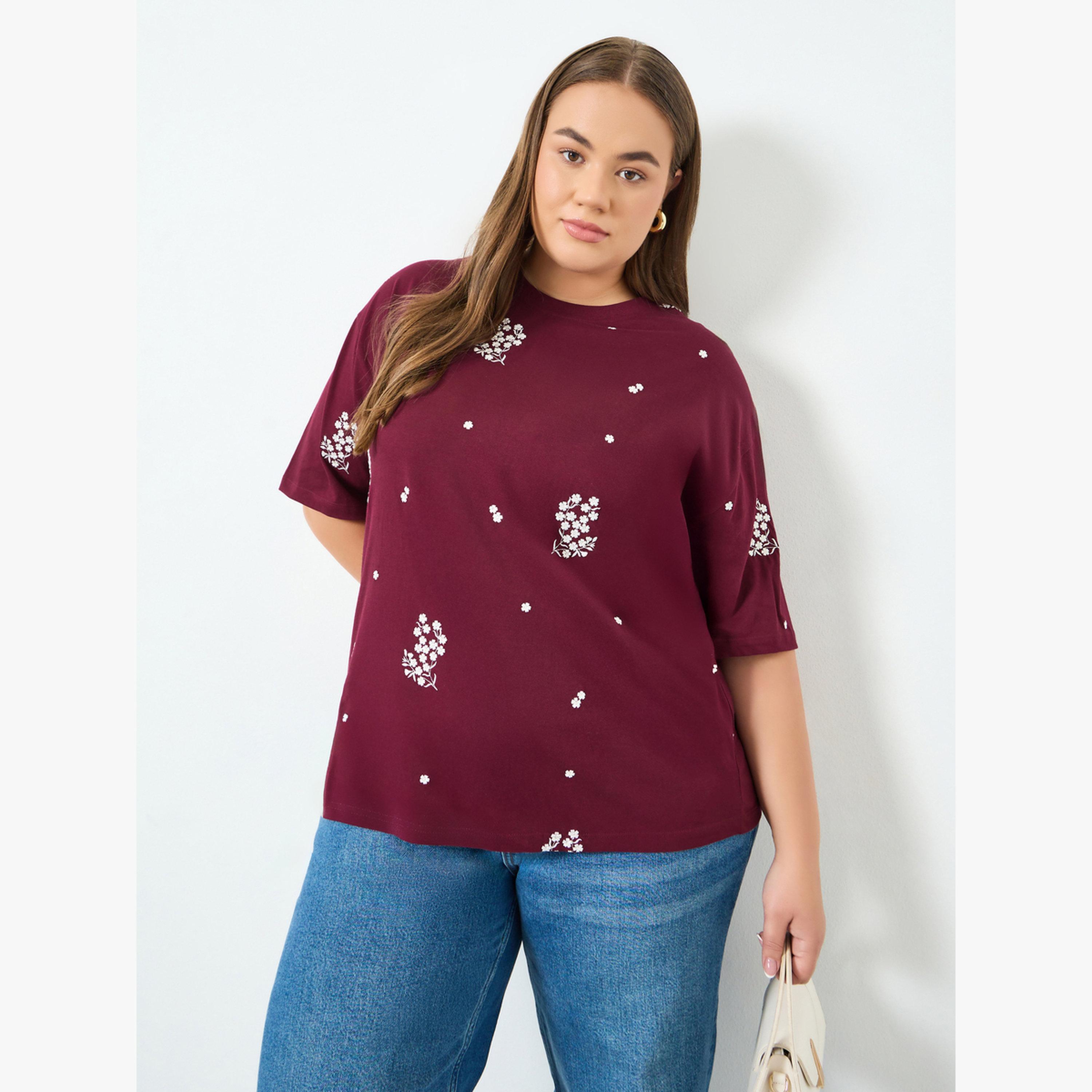 Styli Plus Size Burgundy Floral Embroidered T-Shirt-women-clothing-tshirts-image-1