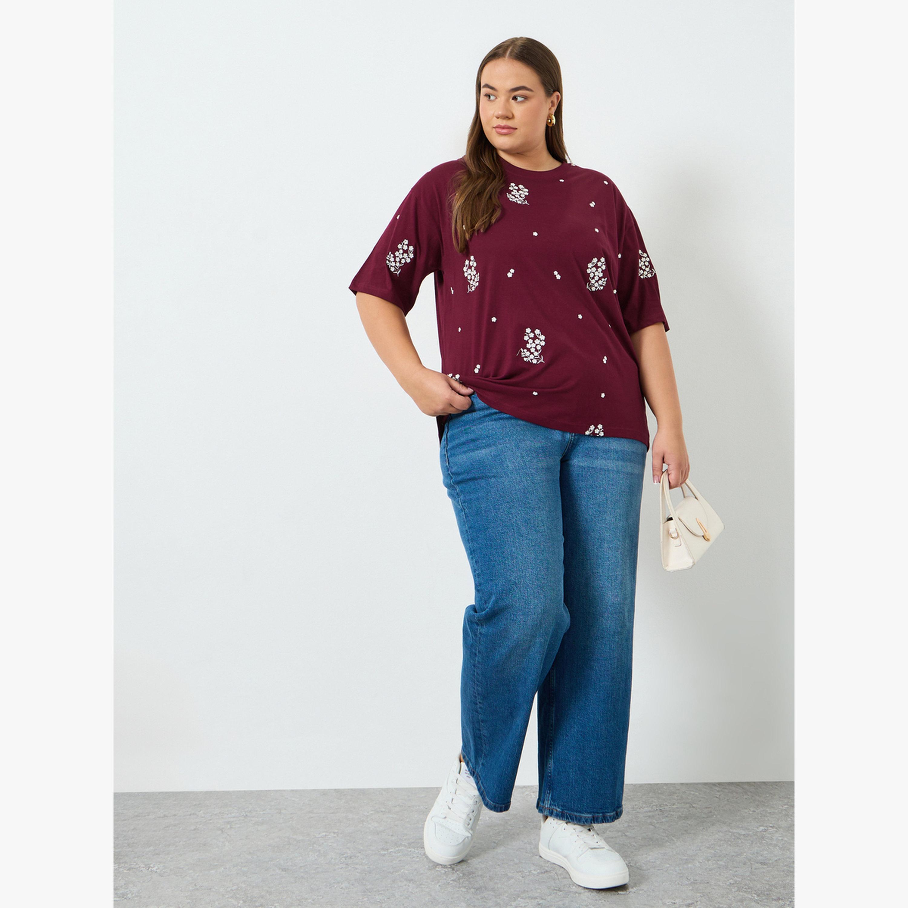 تيشيرت مقاس كبير بتطريز أزهار-women-clothing-tshirts-image-2