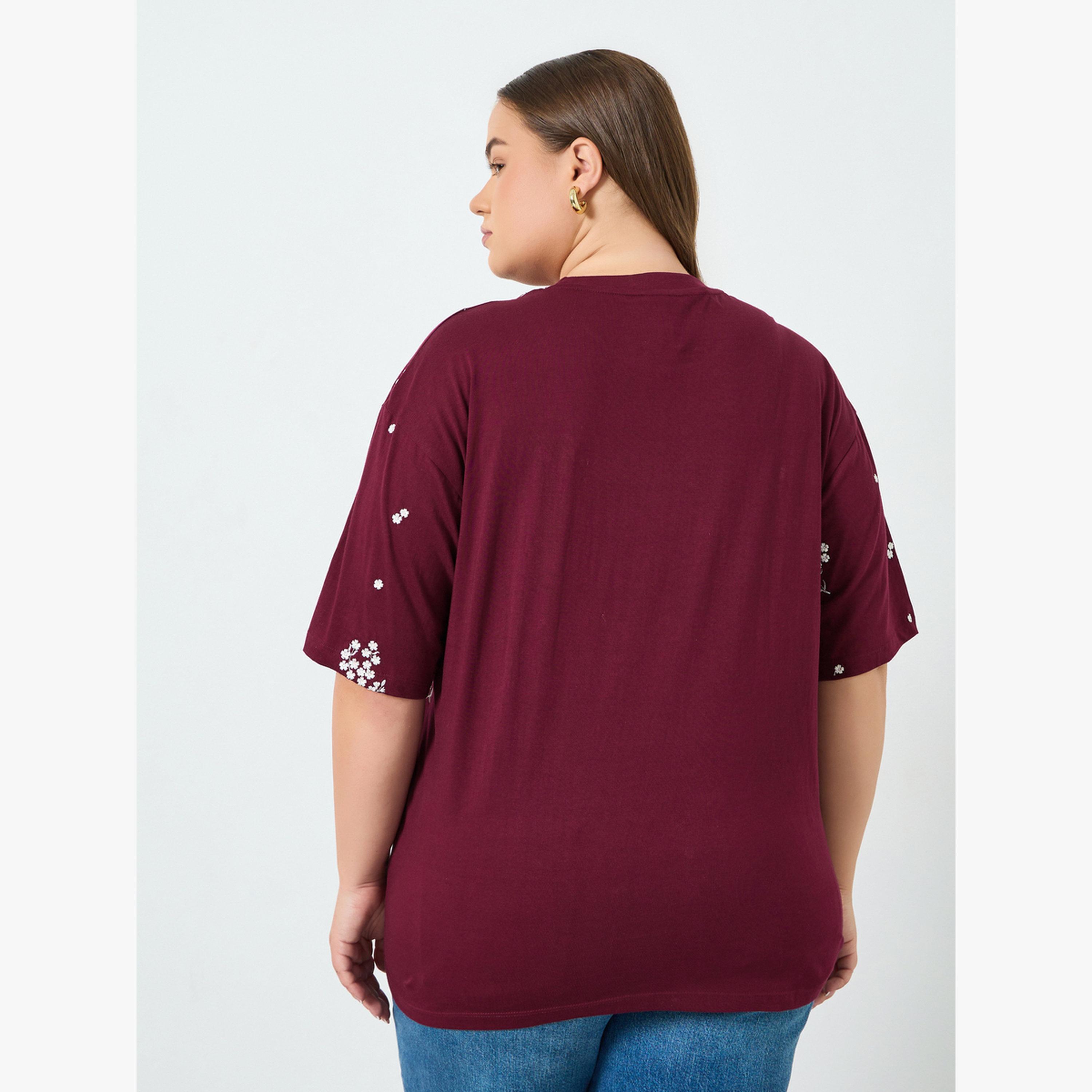 Styli Plus Size Burgundy Floral Embroidered T-Shirt-women-clothing-tshirts-image-3