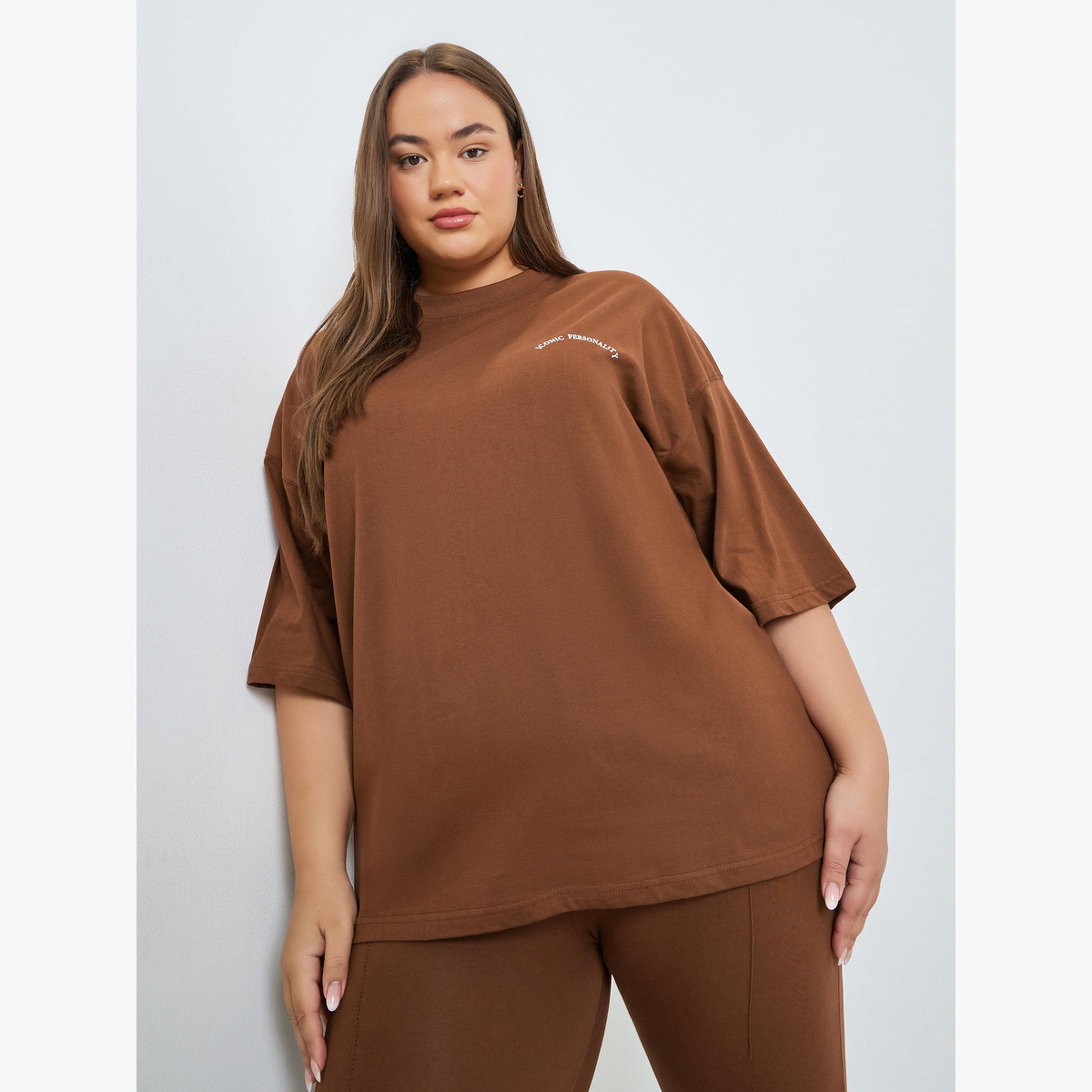 تيشيرت فضفاض مقاس كبير بني-women-clothing-tshirts-image-5