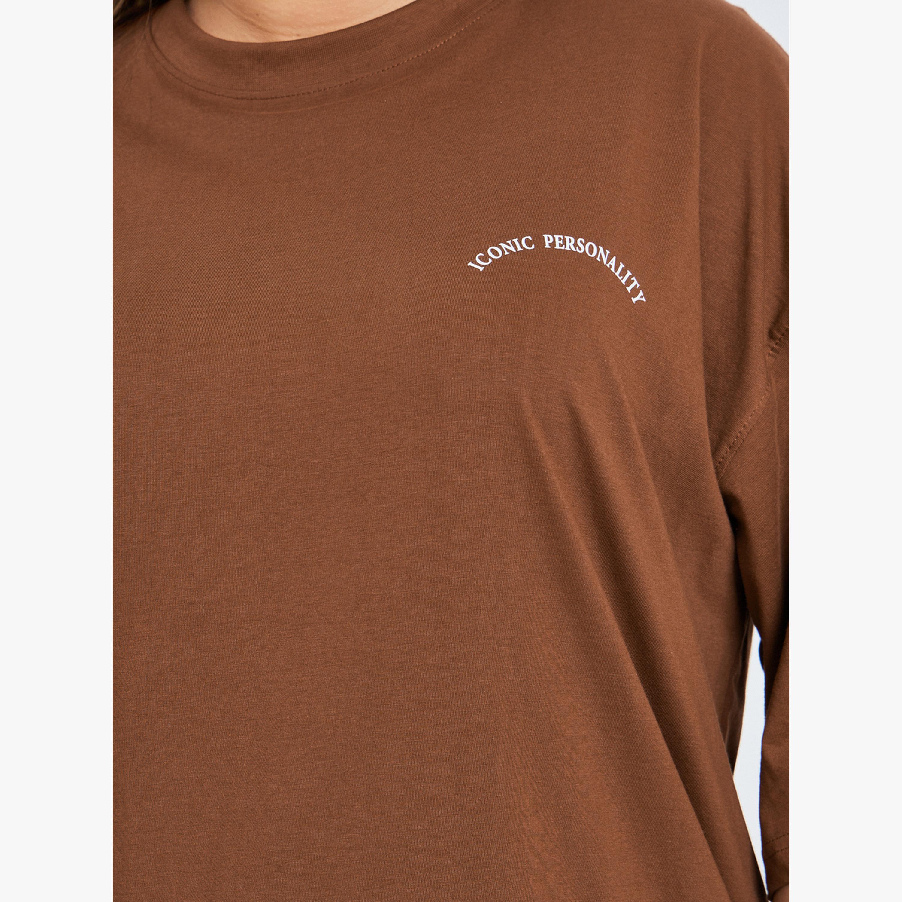 تيشيرت فضفاض مقاس كبير بني-women-clothing-tshirts-image-1