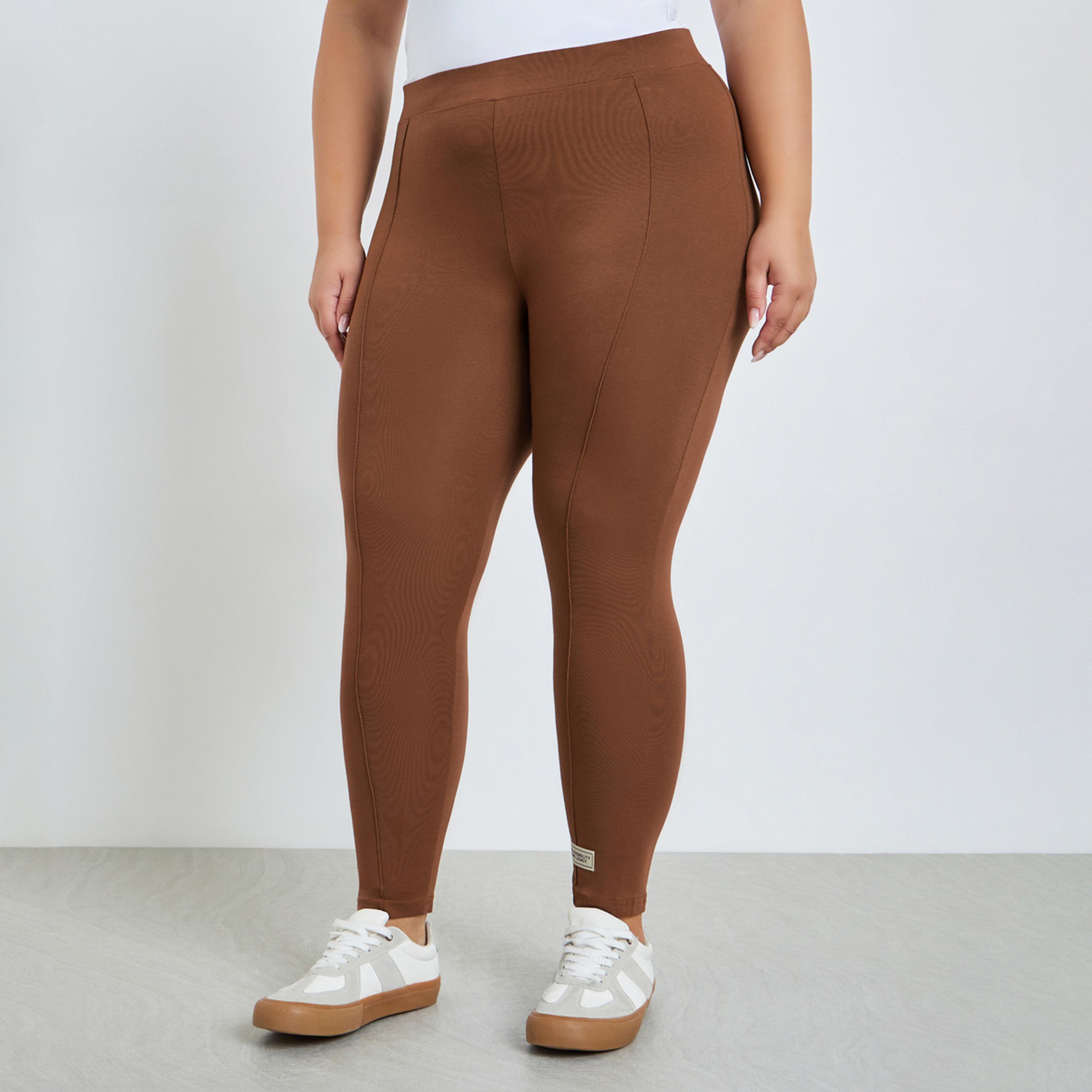 Styli Plus Size Brown Solid Leggings-women-clothing-bottoms-leggings-image-1