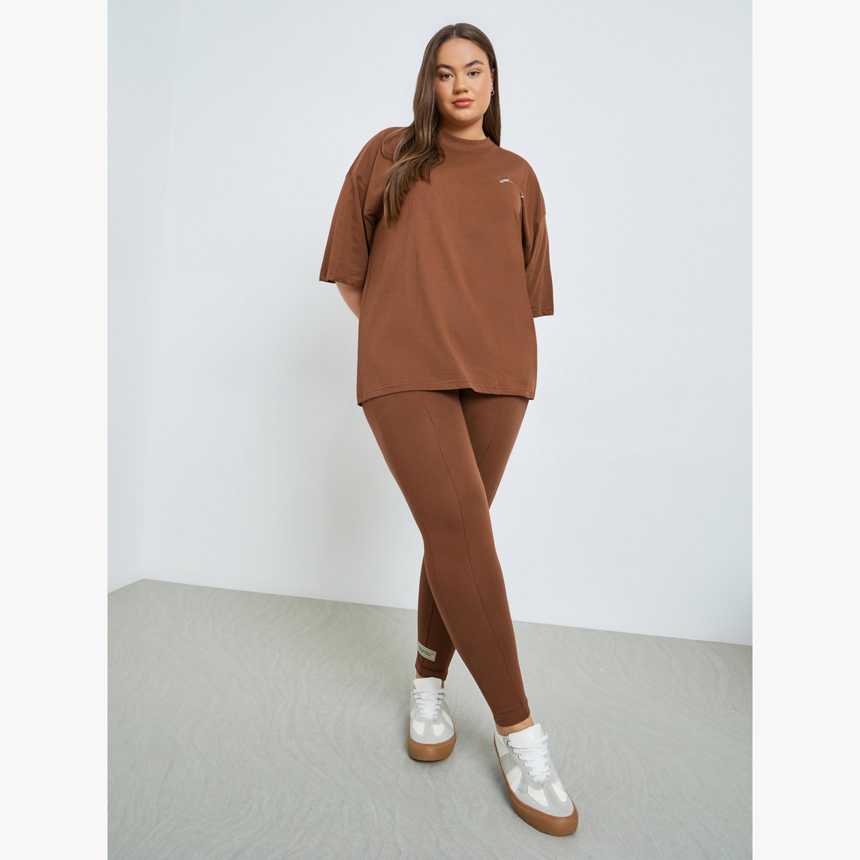 Styli Plus Size Brown Solid Leggings-women-clothing-bottoms-leggings-image-2