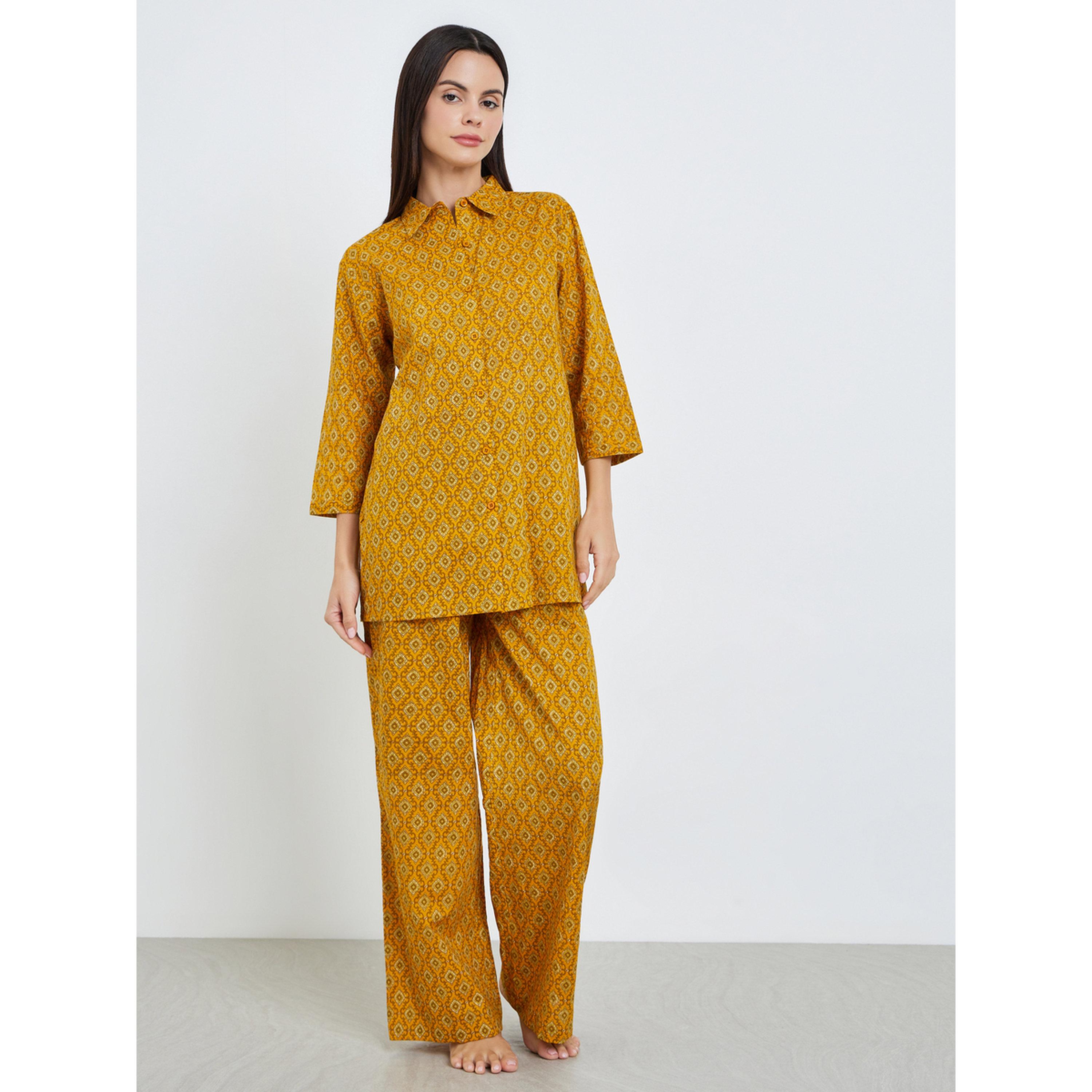 طقم بيجاما من قميص قطن طويل وبنطال واسع بطبعة هندسية-women-clothing-nightwear-pyjamas-longsets-image-1