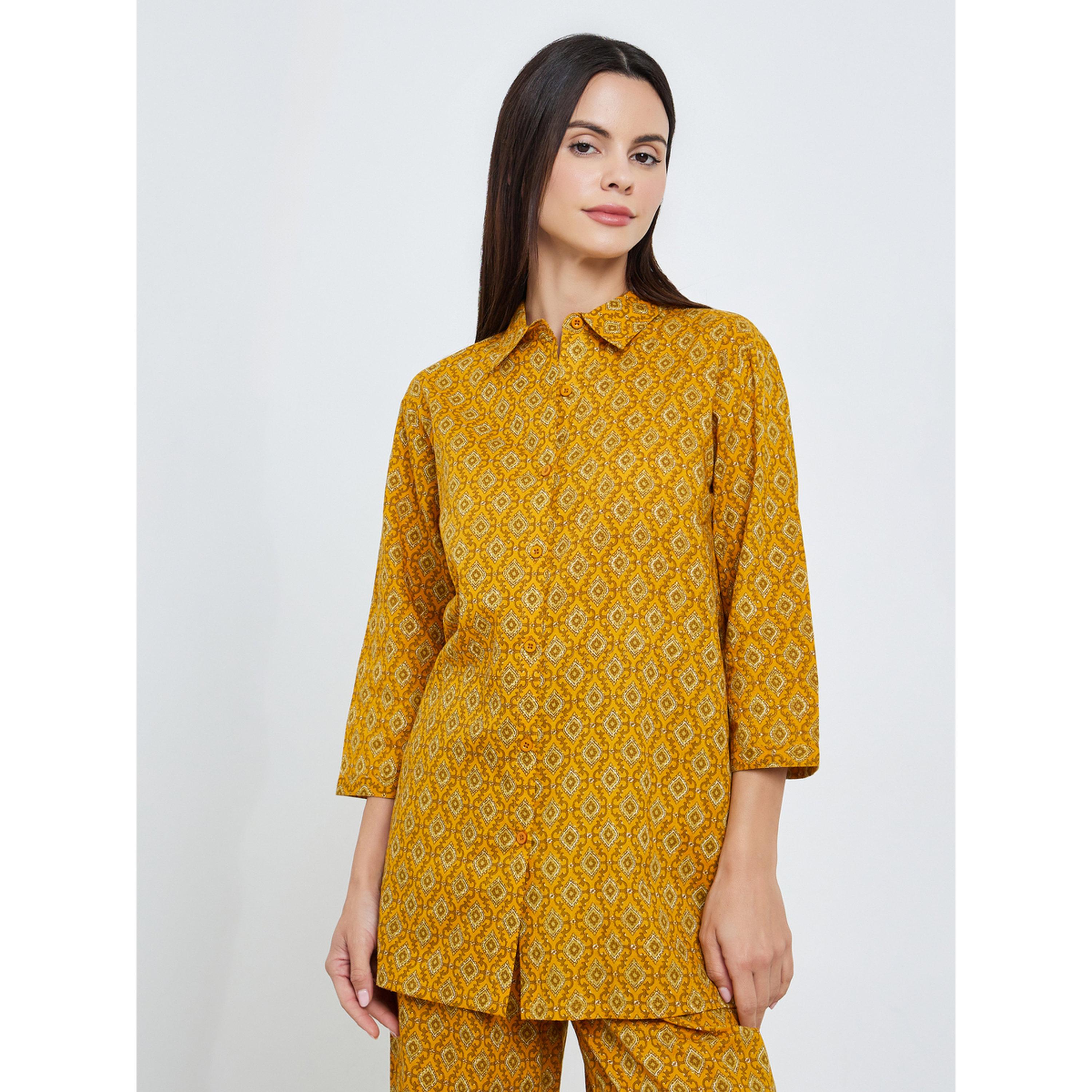 طقم بيجاما من قميص قطن طويل وبنطال واسع بطبعة هندسية-women-clothing-nightwear-pyjamas-longsets-image-2