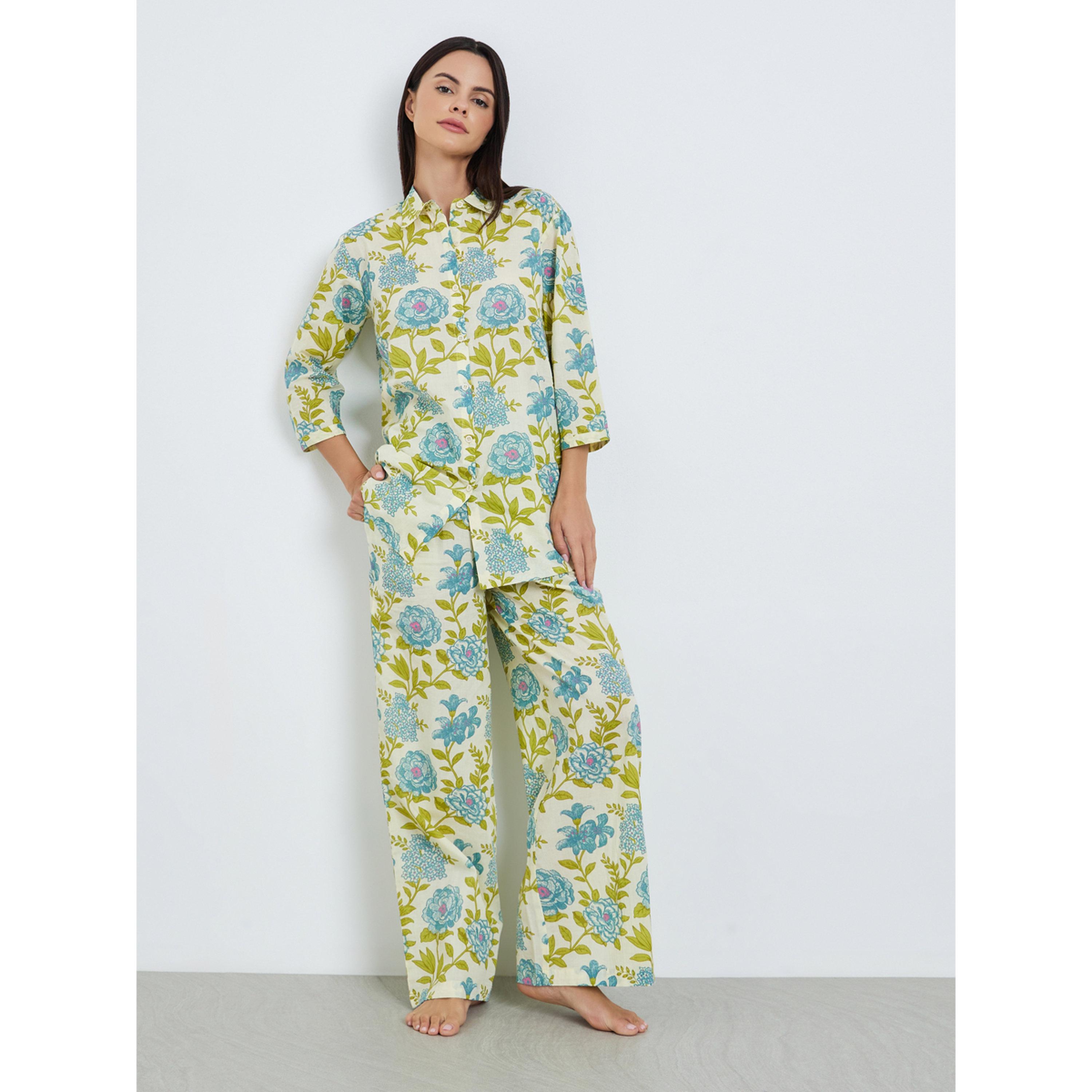 طقم بيجاما من قميص قطن وبنطال واسع بطبعة زهور-women-clothing-nightwear-pyjamas-longsets-image-1