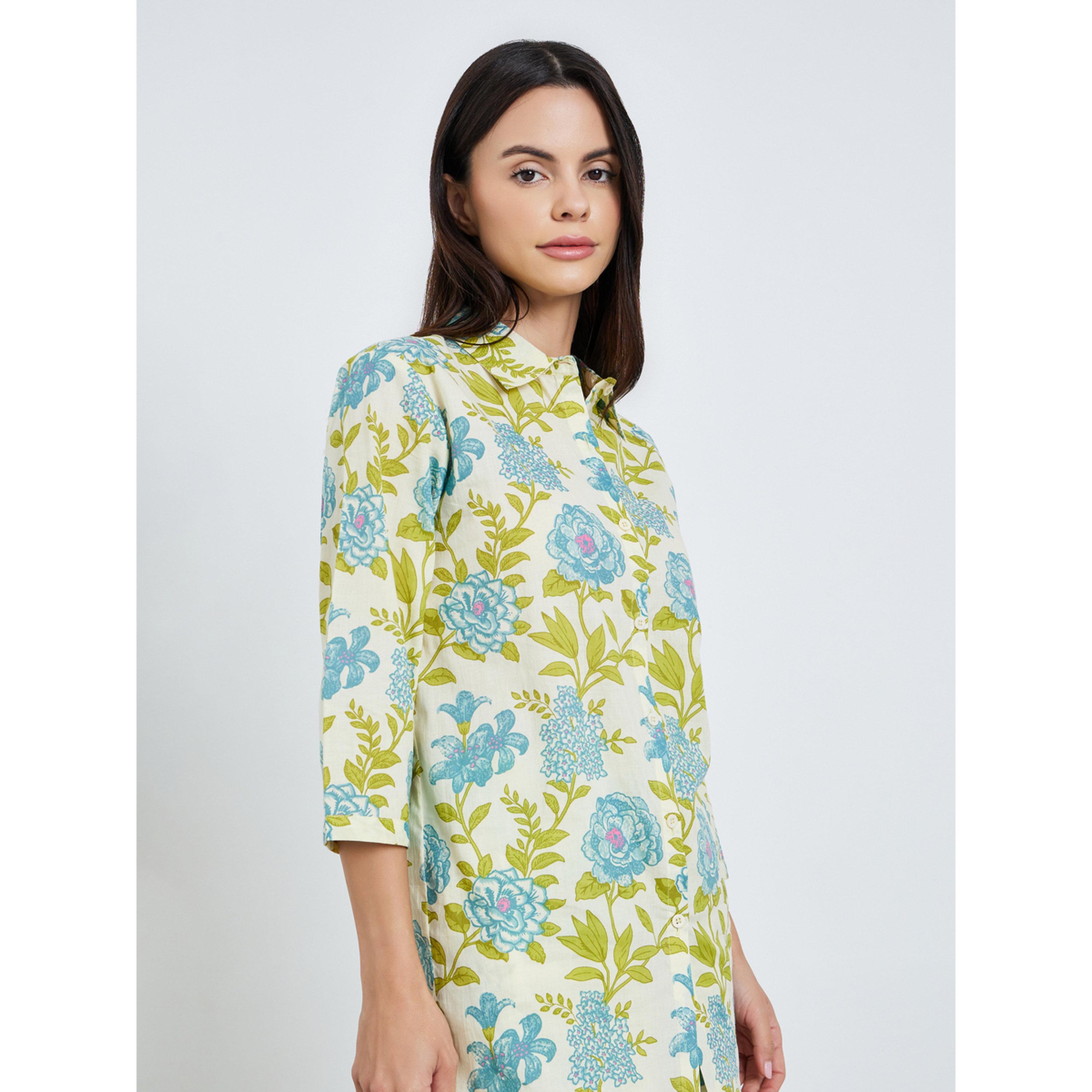 طقم بيجاما من قميص قطن وبنطال واسع بطبعة زهور-women-clothing-nightwear-pyjamas-longsets-image-3