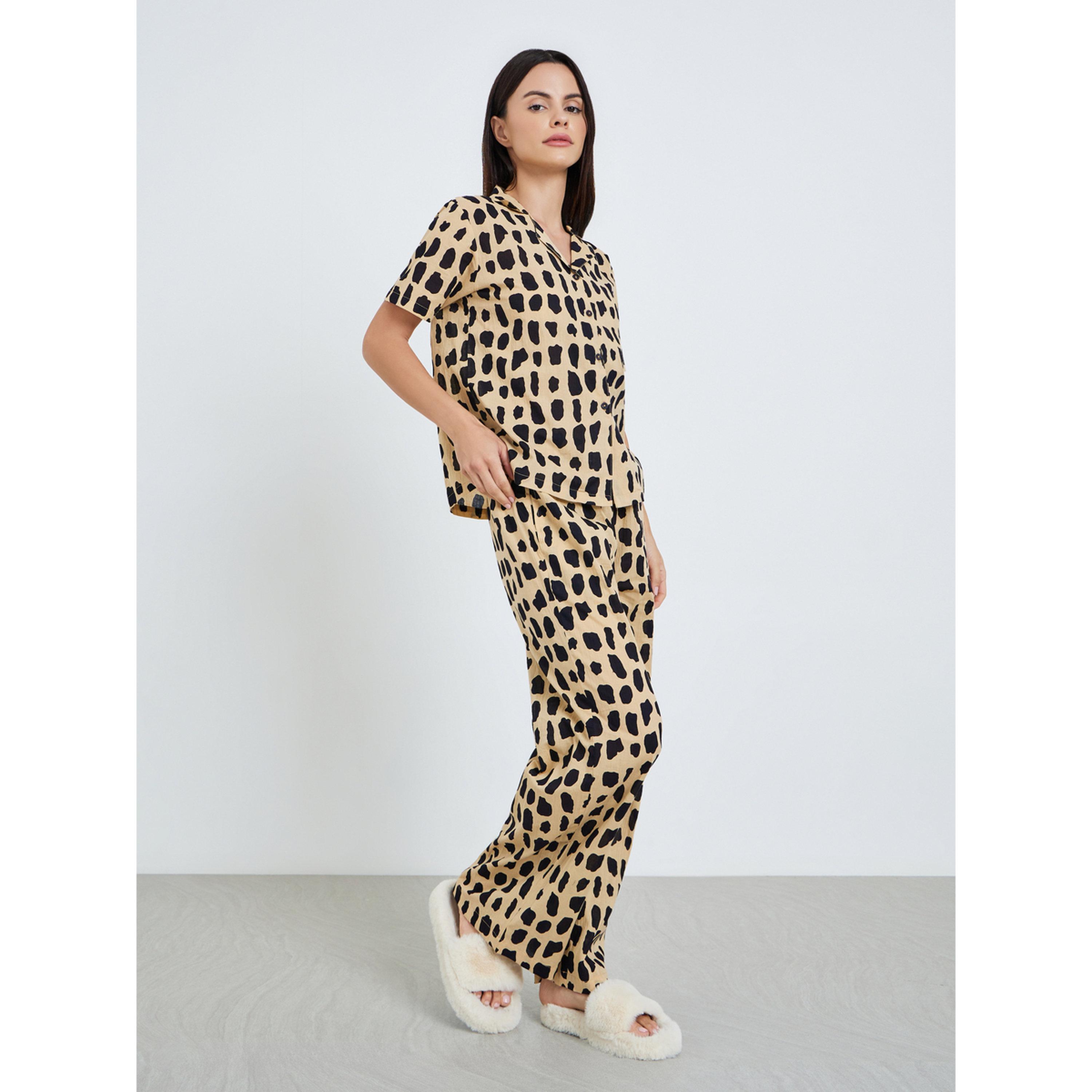 طقم بيجاما من قميص قطن وبنطال واسع بطبعة أحادية-women-clothing-nightwear-pyjamas-longsets-image-1
