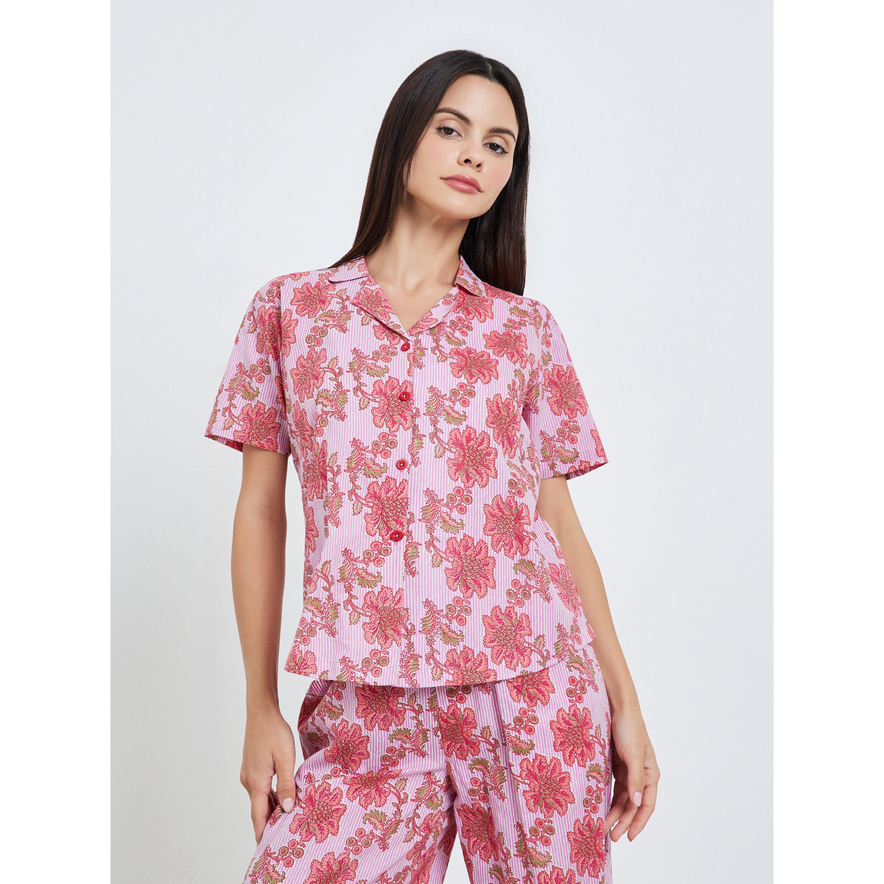 طقم بيجاما من قميص قطن وبنطال واسع بطبعة زهور مخططة-women-clothing-nightwear-pyjamas-longsets-image-2