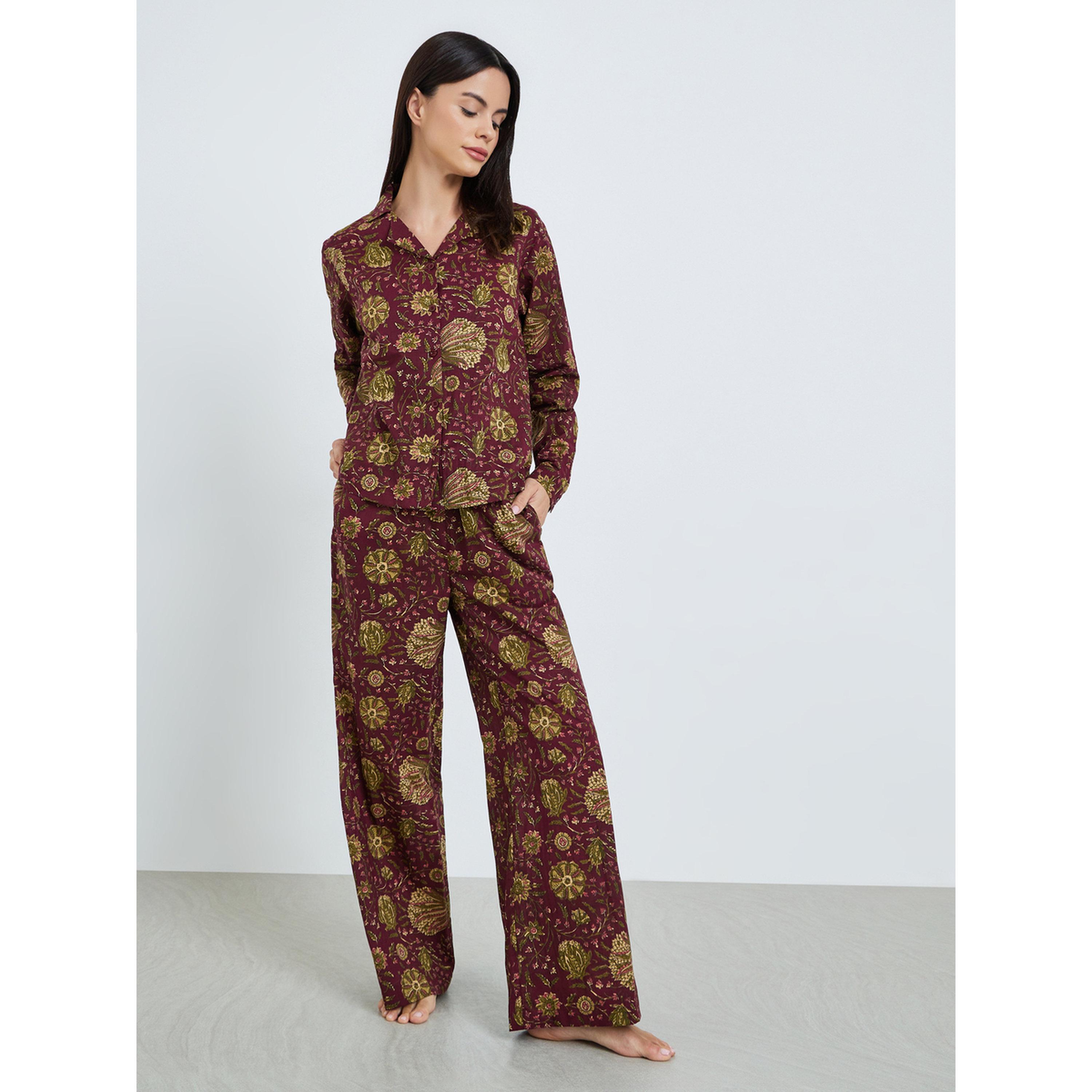 Styli Floral Buttoned Cotton Shirt and Wide Leg Pyjama Set-women-clothing-nightwear-pyjamas-longsets-image-1