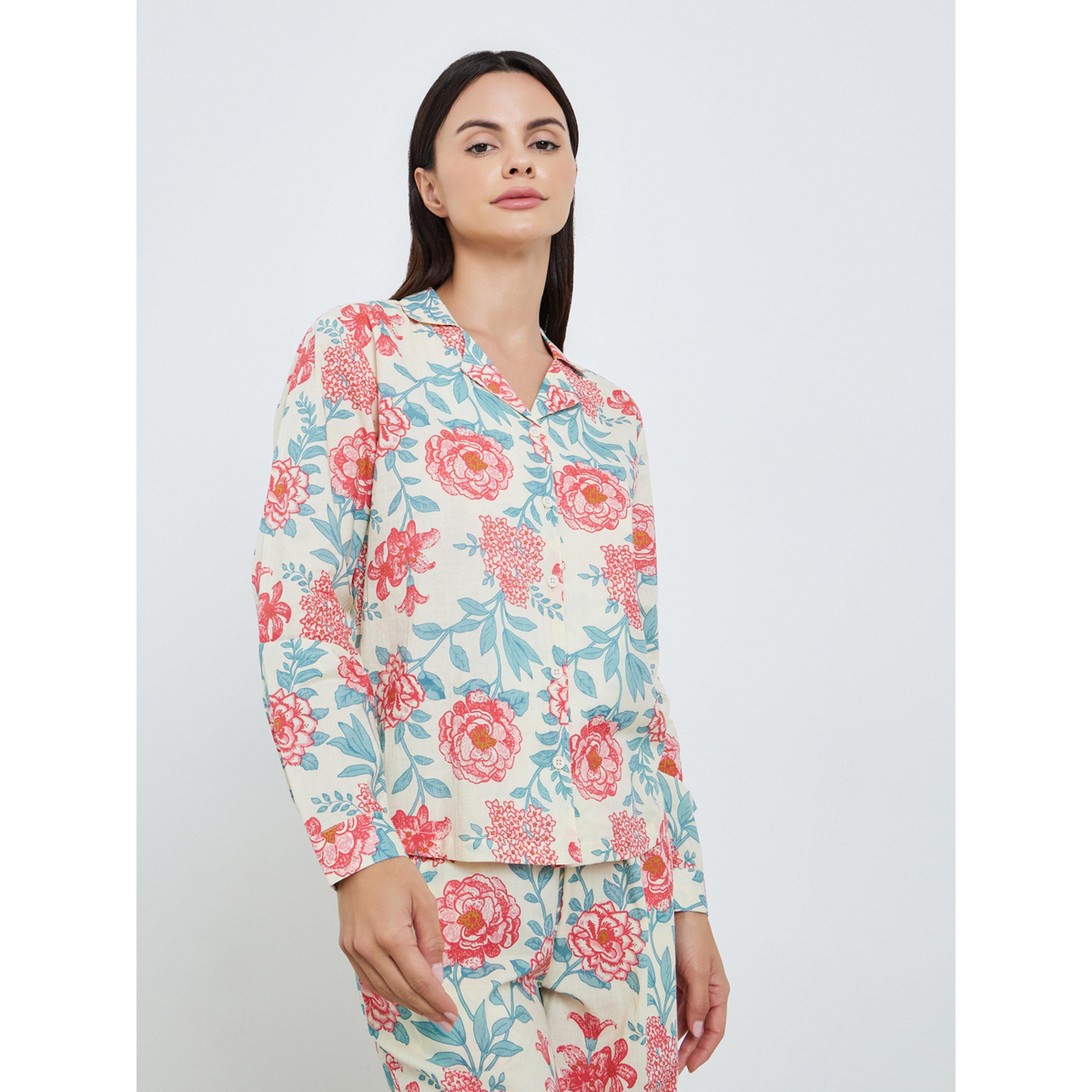طقم بيجاما من قميص قطن بأزرار وبنطال واسع بطبعة زهور-women-clothing-nightwear-pyjamas-longsets-image-2