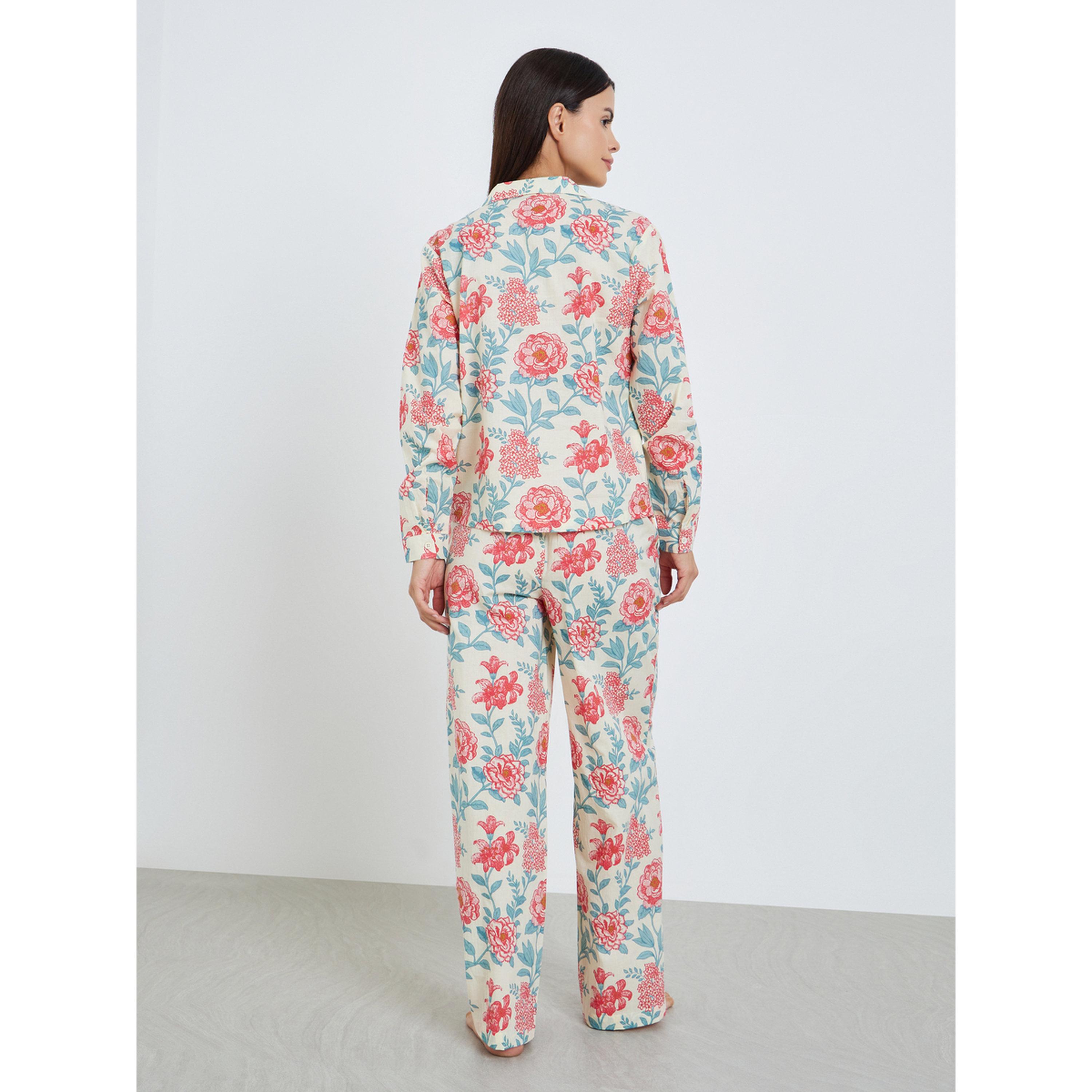 Styli Floral Buttoned Cotton Shirt and Wide Leg Pyjama Set-women-clothing-nightwear-pyjamas-longsets-image-3