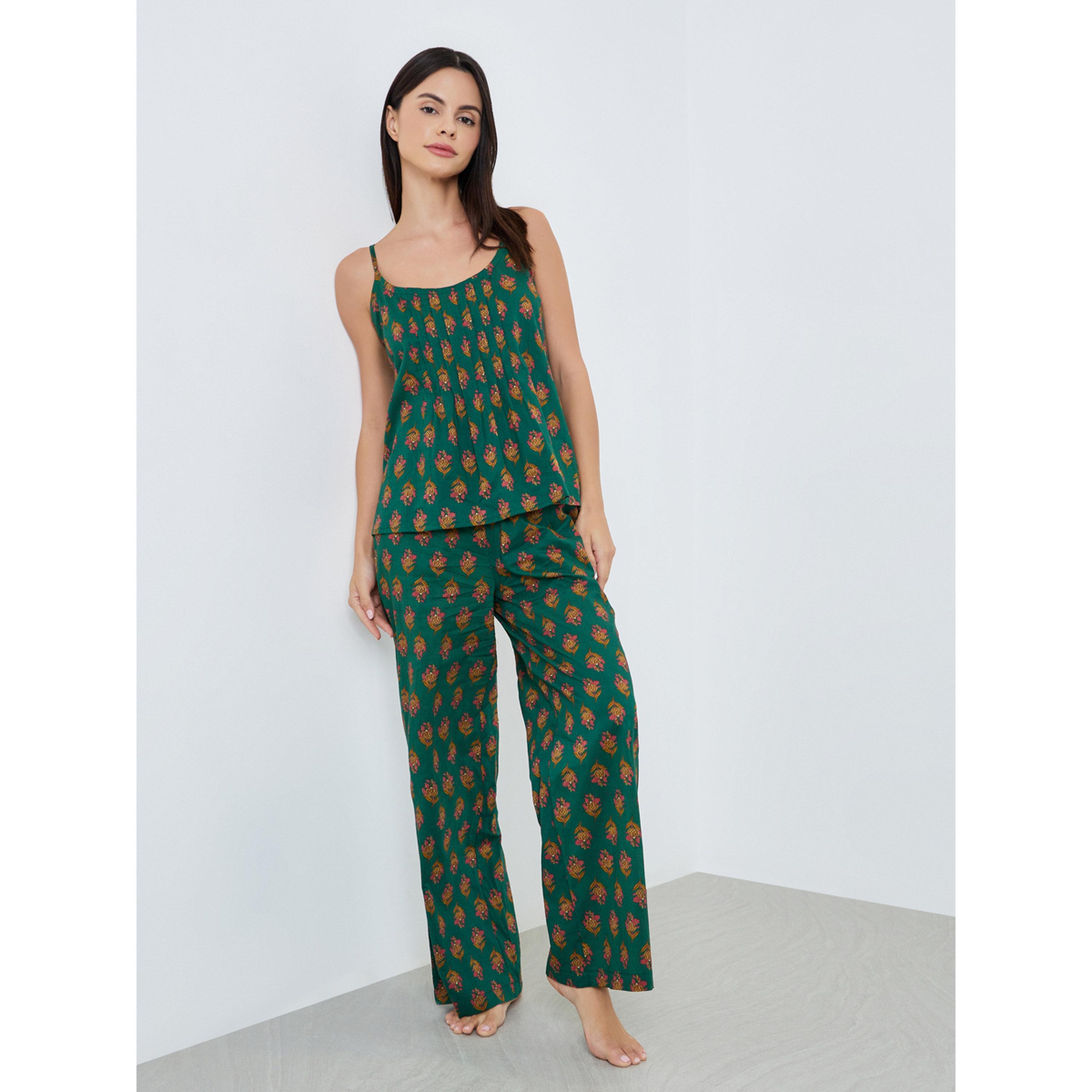 طقم بيجاما من بلوزة قطن بكسرات وبنطال واسع بطبعة زهور-women-clothing-nightwear-pyjamas-longsets-image-1