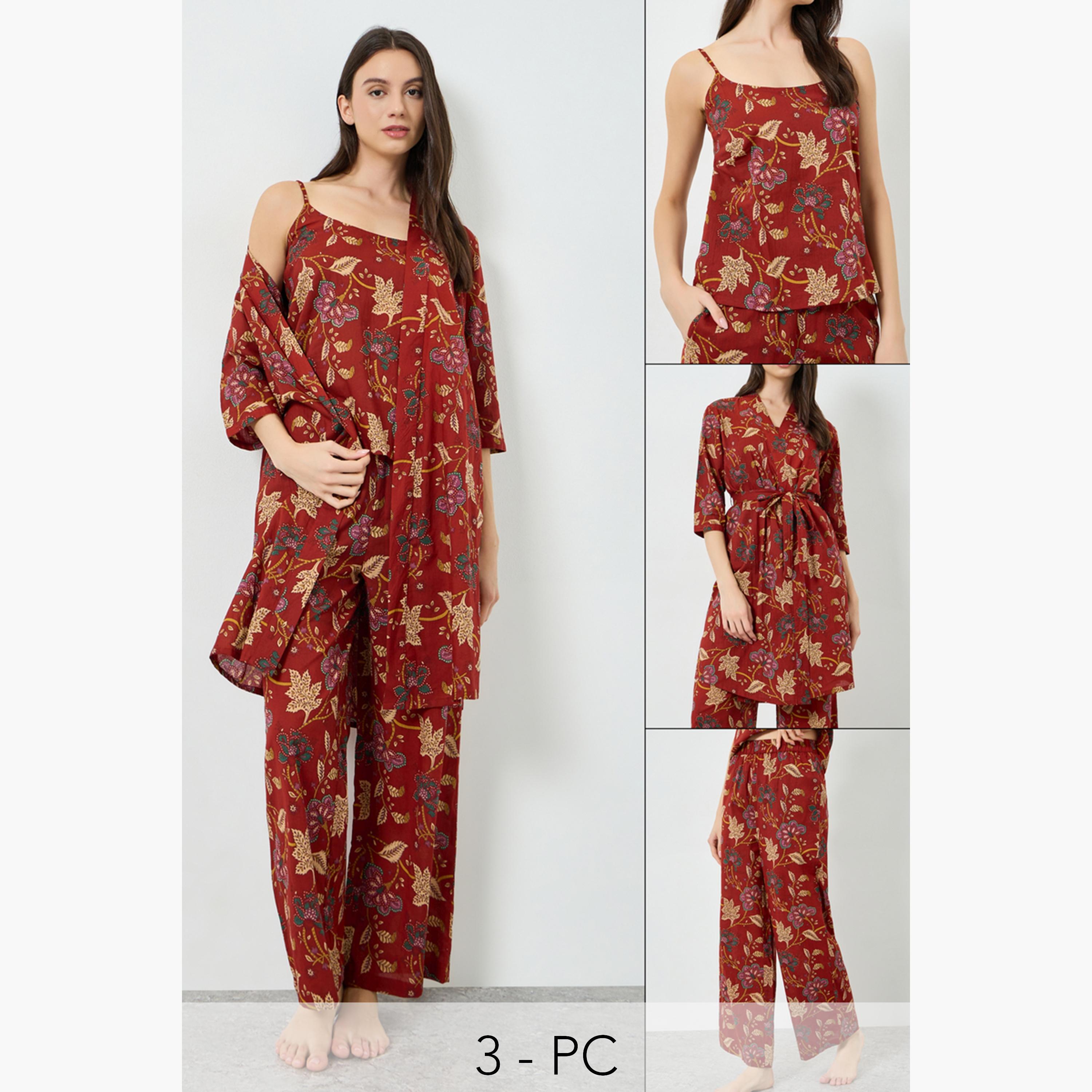 Styli Pack of 3 - Cotton Floral Cami, Pants and Robe Set-women-clothing-nightwear-pyjamas-longsets-image-1