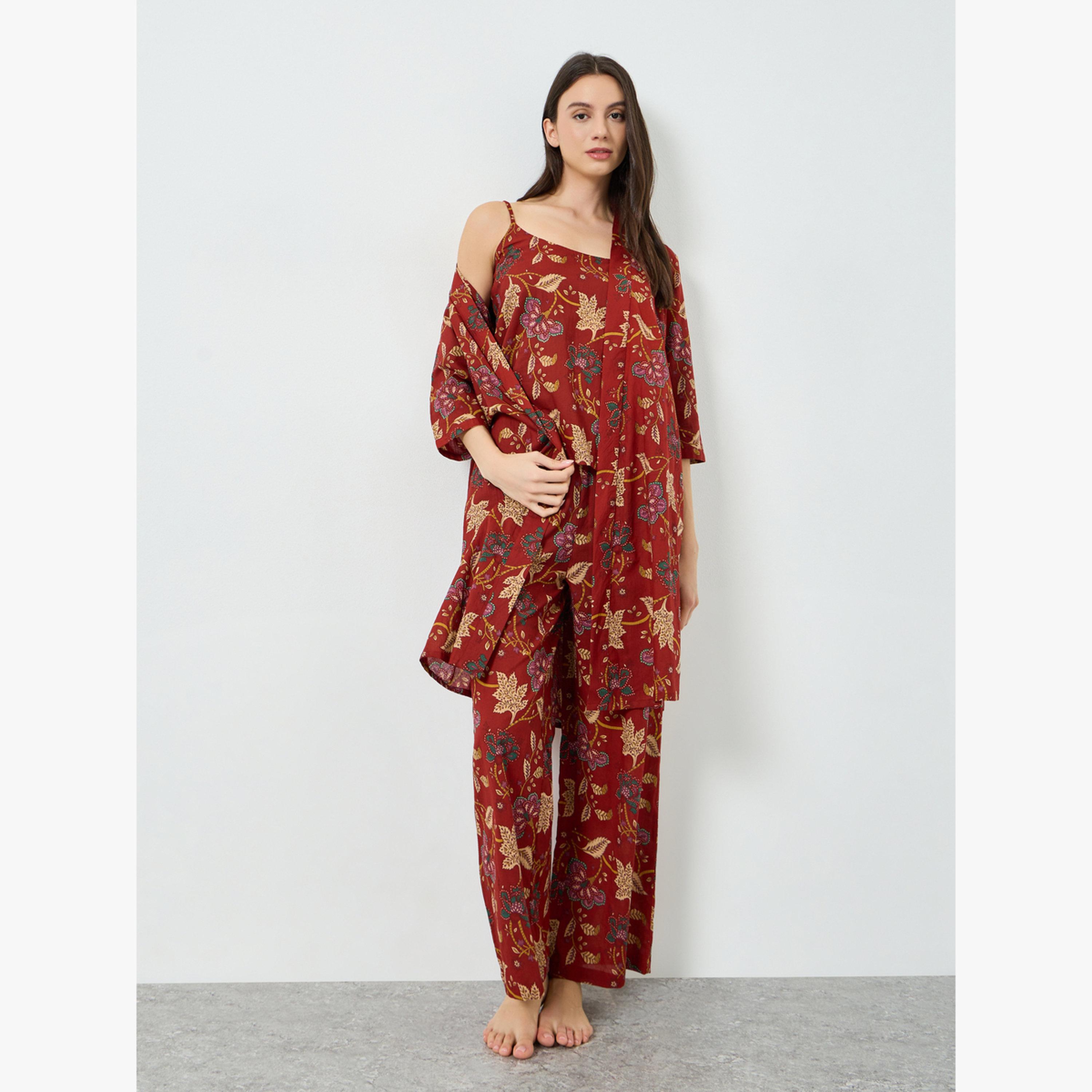 Styli Pack of 3 - Cotton Floral Cami, Pants and Robe Set-women-clothing-nightwear-pyjamas-longsets-image-2