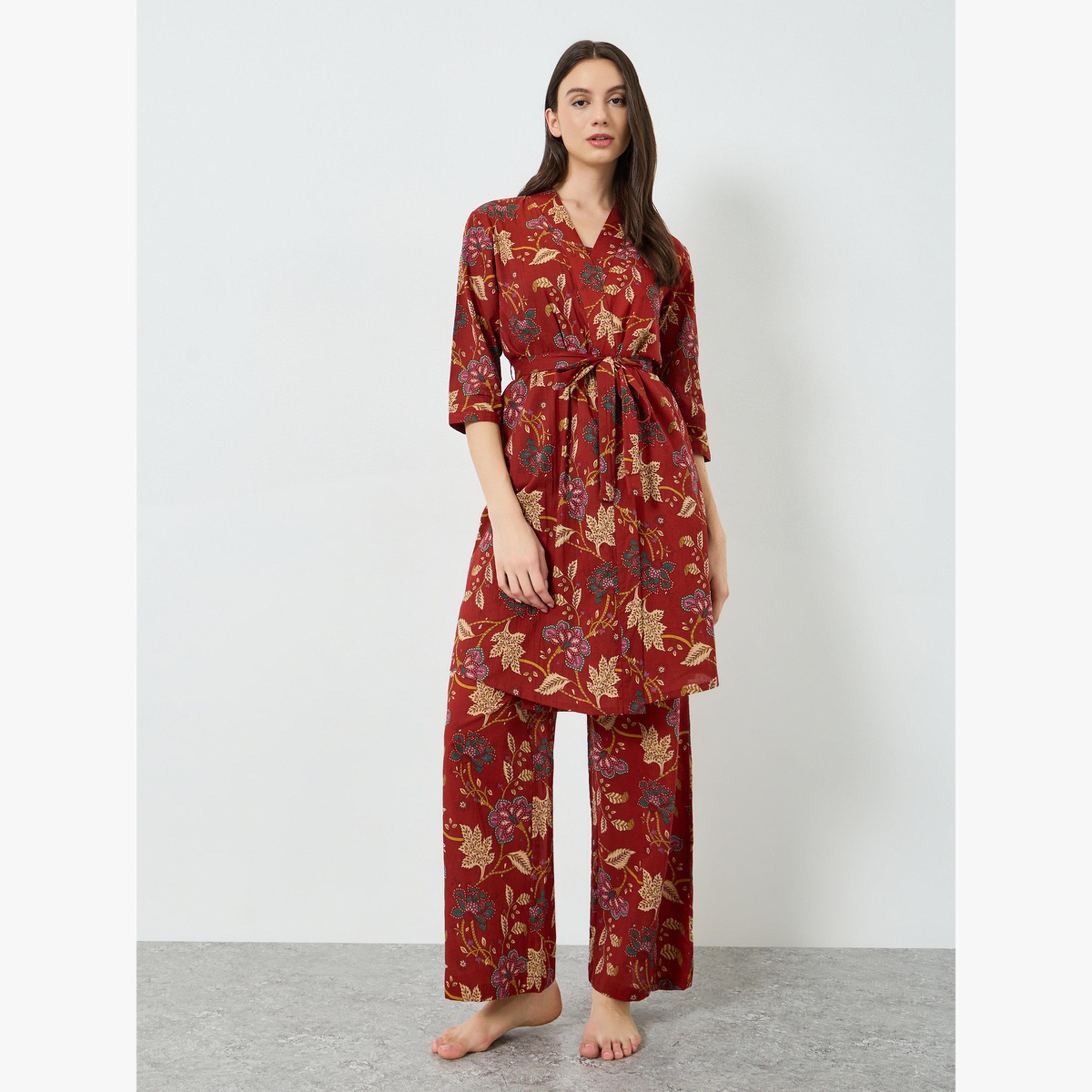 Styli Pack of 3 - Cotton Floral Cami, Pants and Robe Set-women-clothing-nightwear-pyjamas-longsets-image-3