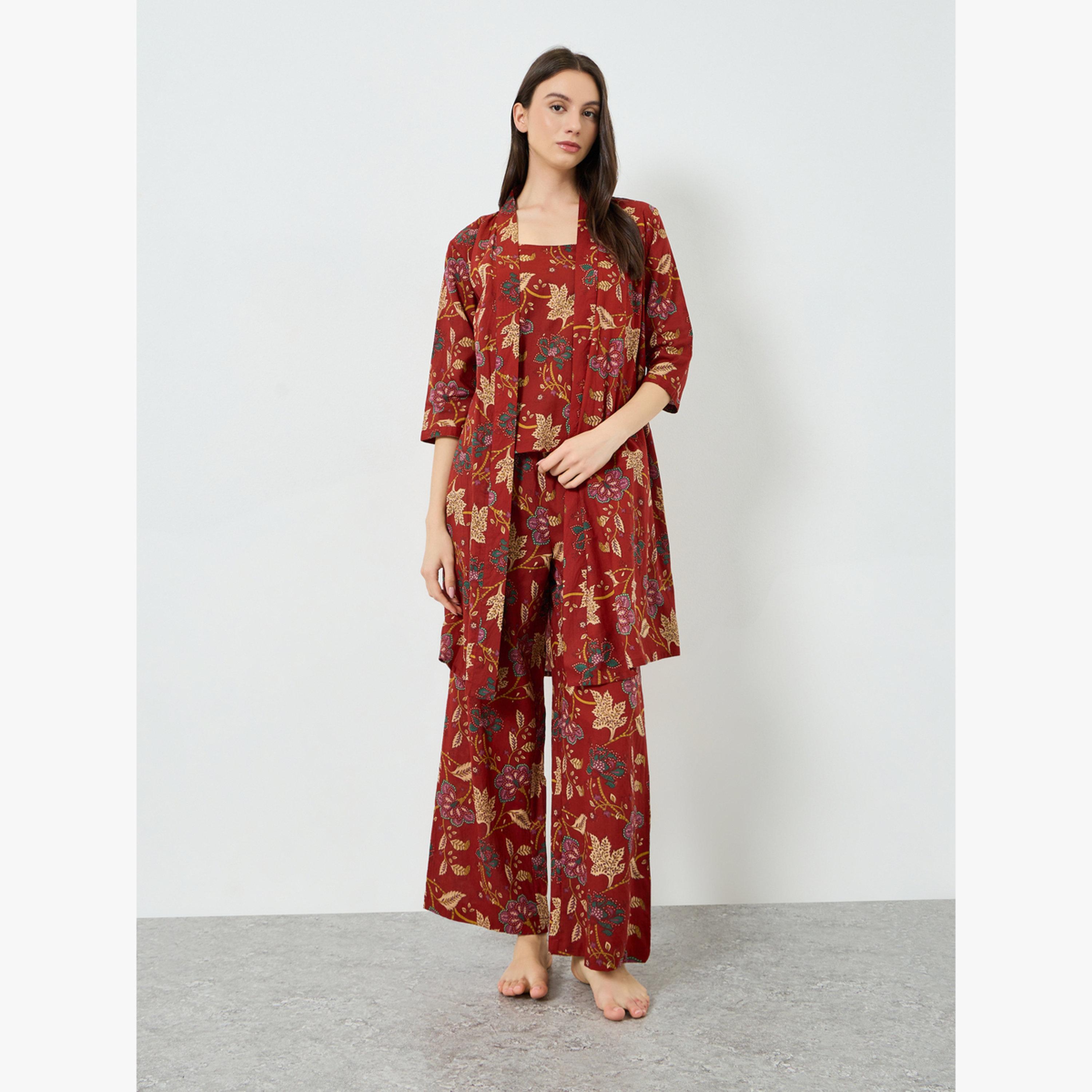 Styli Pack of 3 - Cotton Floral Cami, Pants and Robe Set-women-clothing-nightwear-pyjamas-longsets-image-4