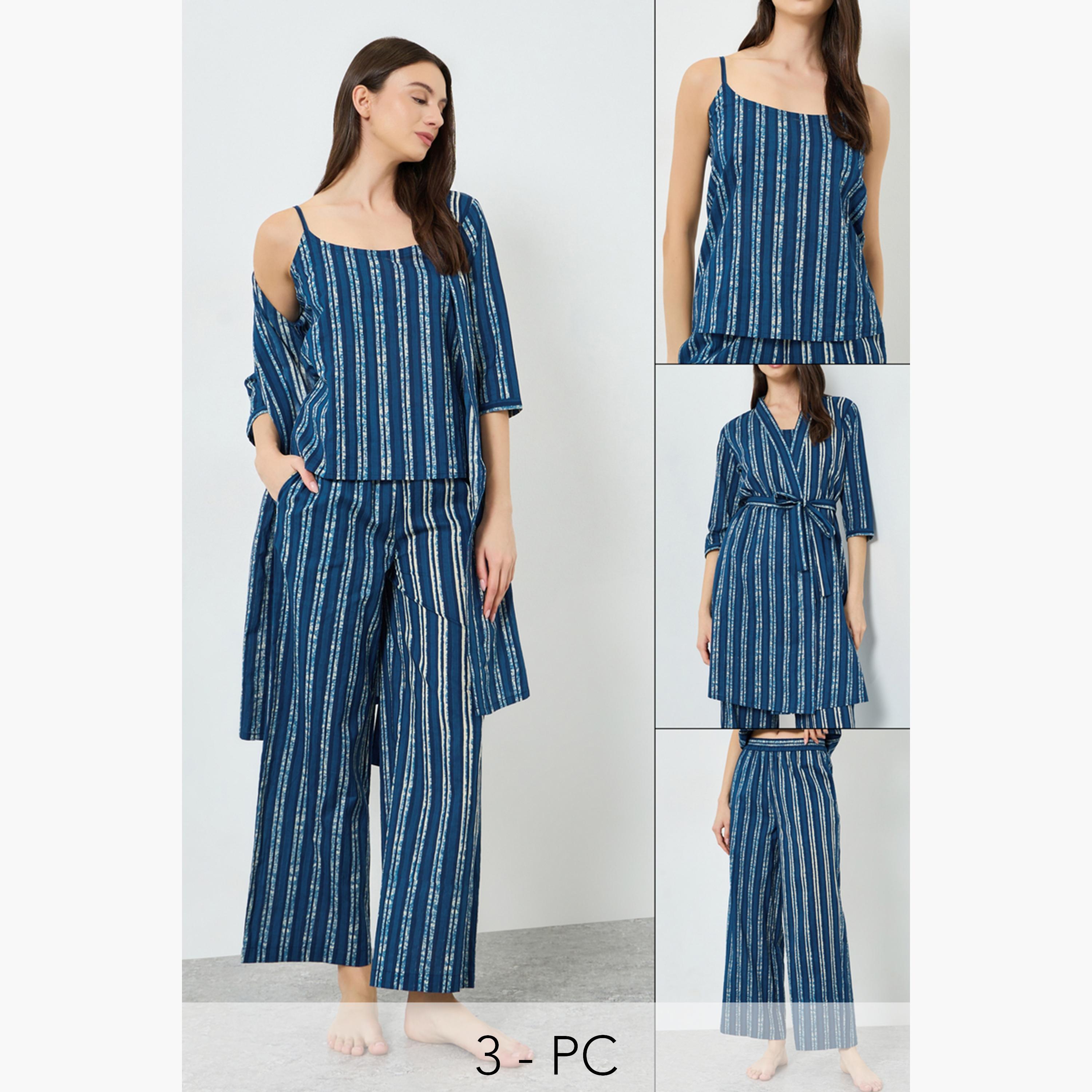 Styli Pack of 3 - Cotton Striped Cami, Pants and Robe Set-women-clothing-nightwear-pyjamas-longsets-image-1