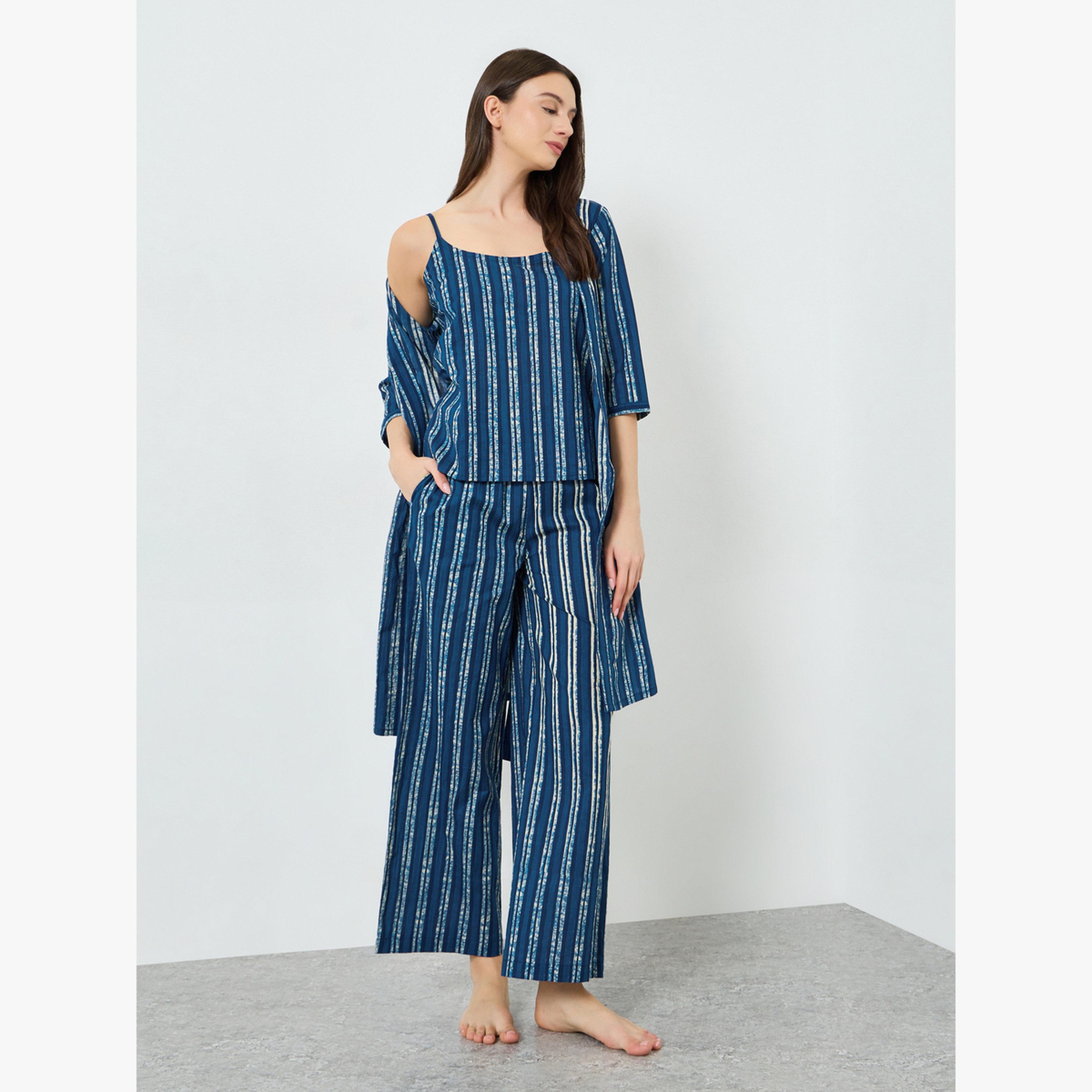 Styli Pack of 3 - Cotton Striped Cami, Pants and Robe Set-women-clothing-nightwear-pyjamas-longsets-image-2