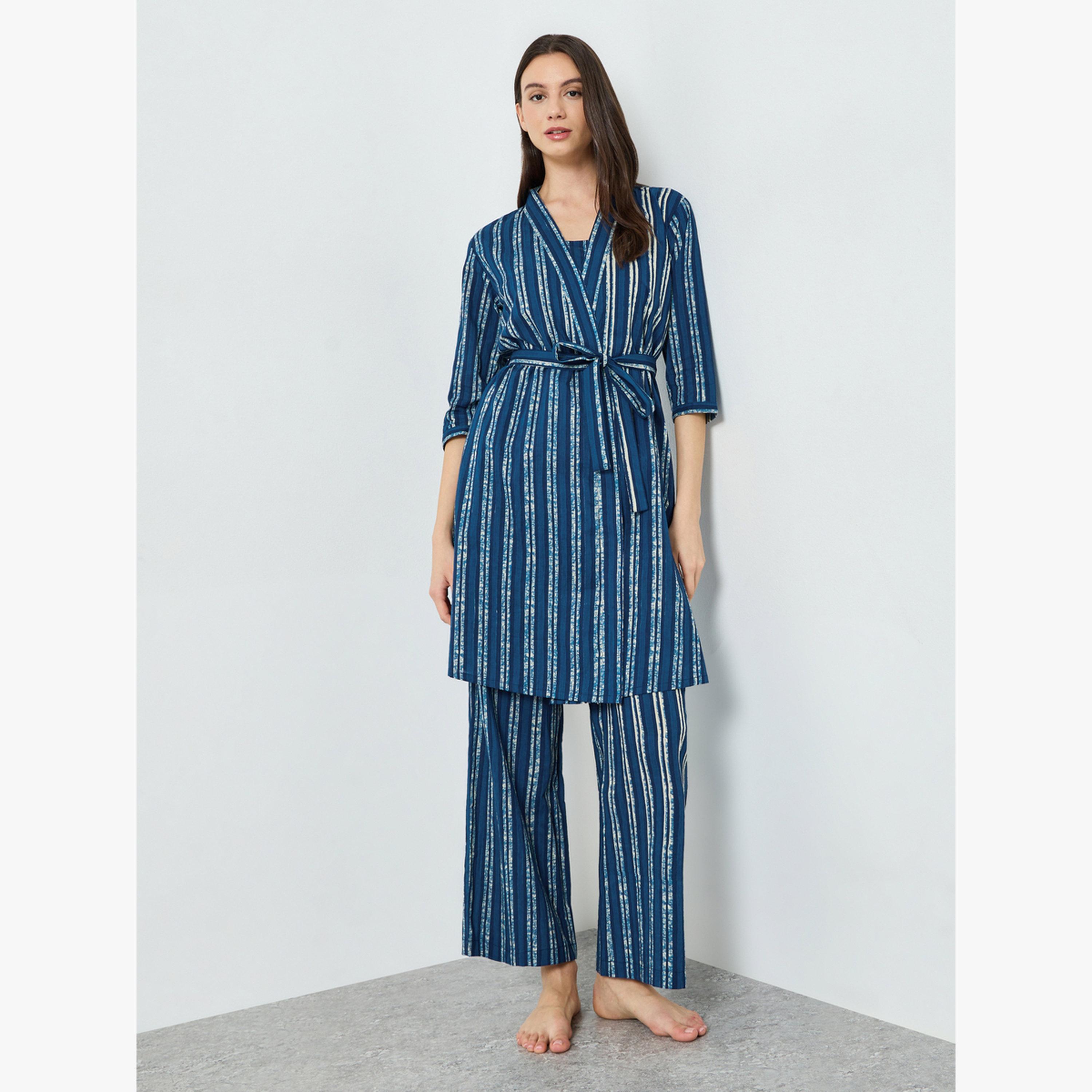 مجموعة من 3 روب وبنطال مع بلوزة كامي بطبعة مخططة-women-clothing-nightwear-pyjamas-longsets-image-3