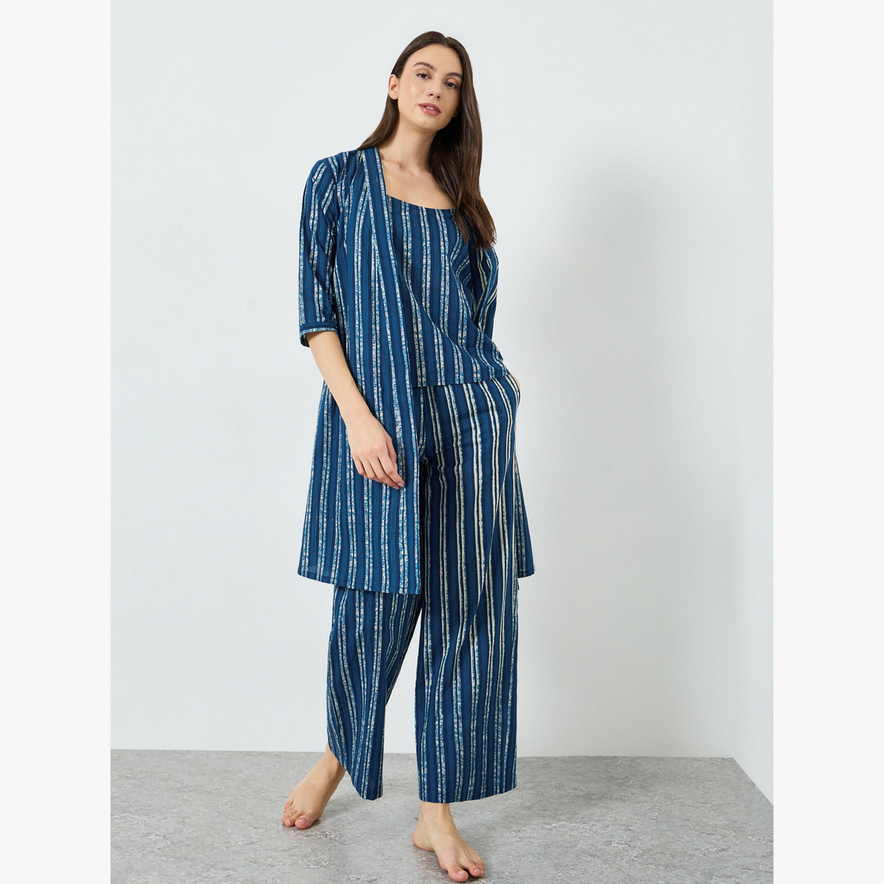 مجموعة من 3 روب وبنطال مع بلوزة كامي بطبعة مخططة-women-clothing-nightwear-pyjamas-longsets-image-4