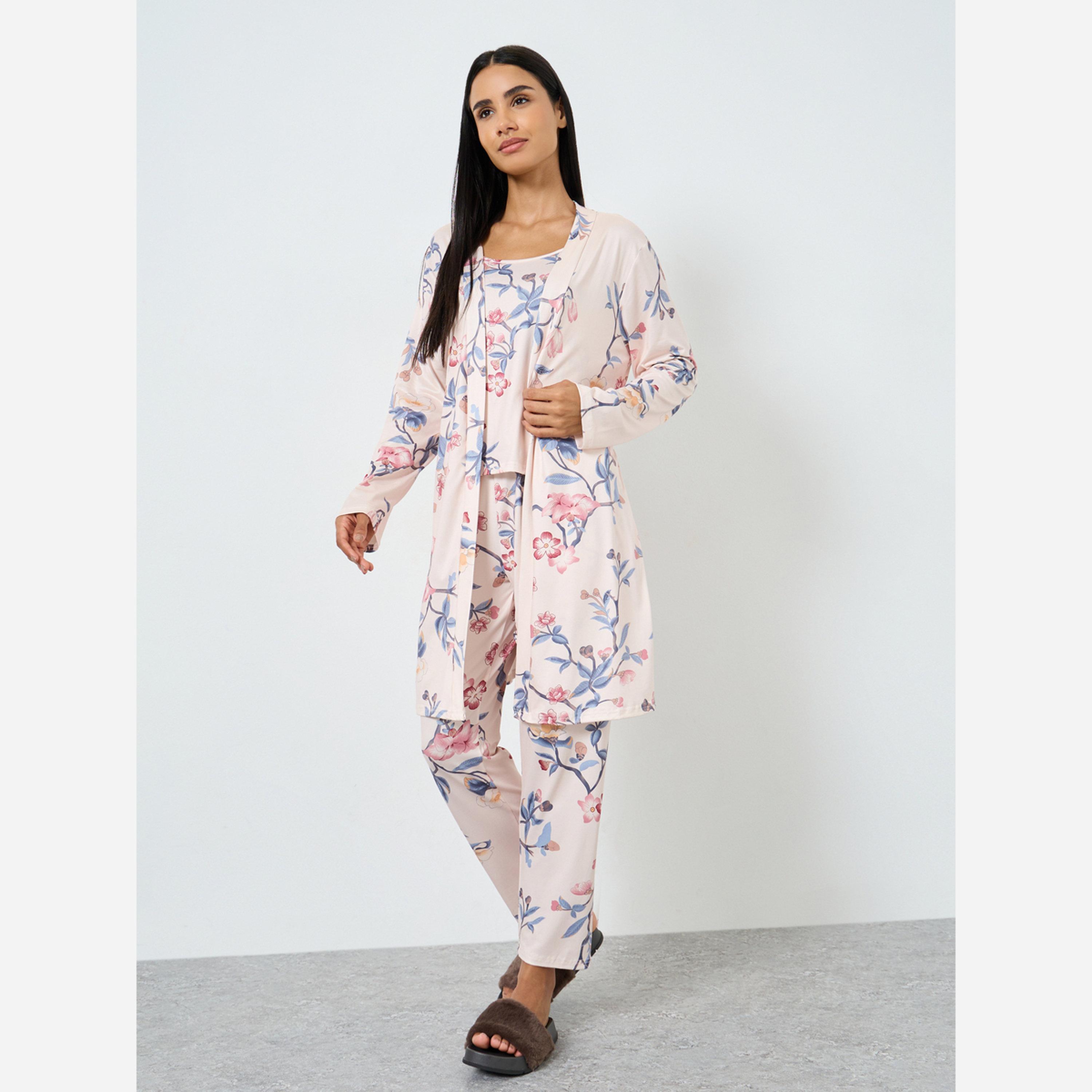 Styli Pack of 3 - Floral Cami, Robe and Pyjama Set-women-clothing-nightwear-pyjamas-longsets-image-2