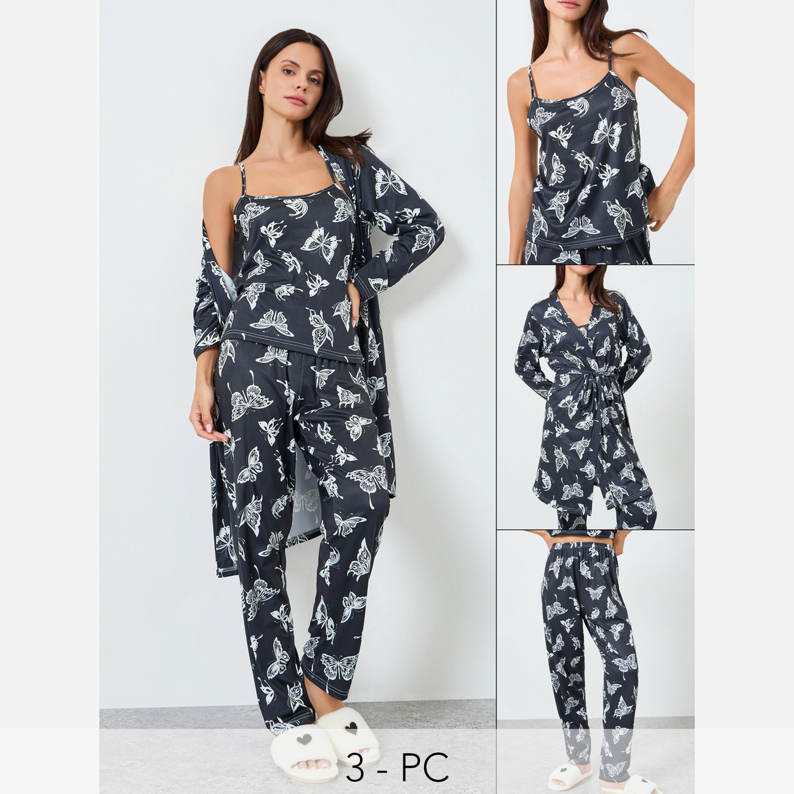 ستايلي - بيجاما 3 قطع: روب وتوب طبعة فراشات-women-clothing-nightwear-pyjamas-longsets-image-1