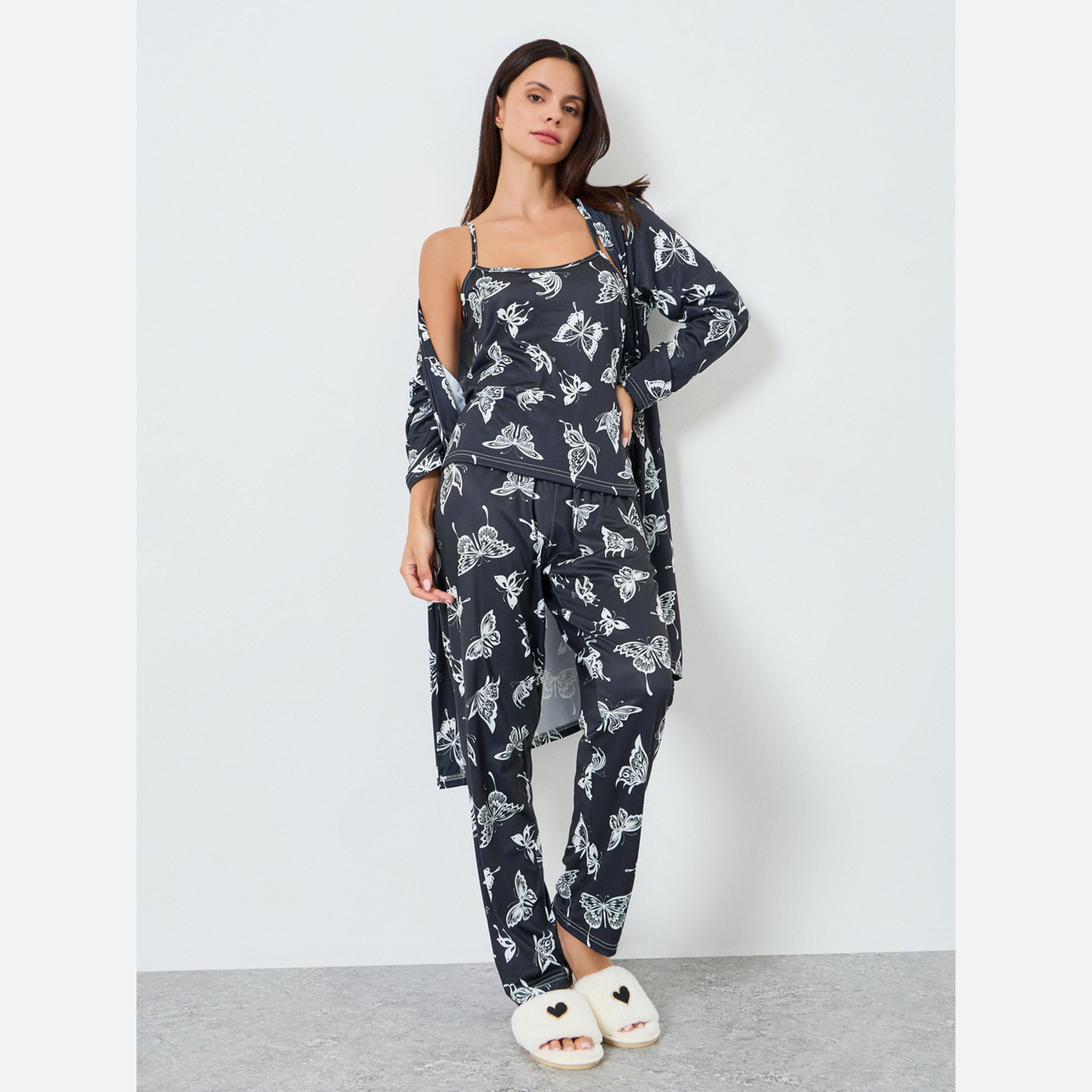 ستايلي - بيجاما 3 قطع: روب وتوب طبعة فراشات-women-clothing-nightwear-pyjamas-longsets-image-2