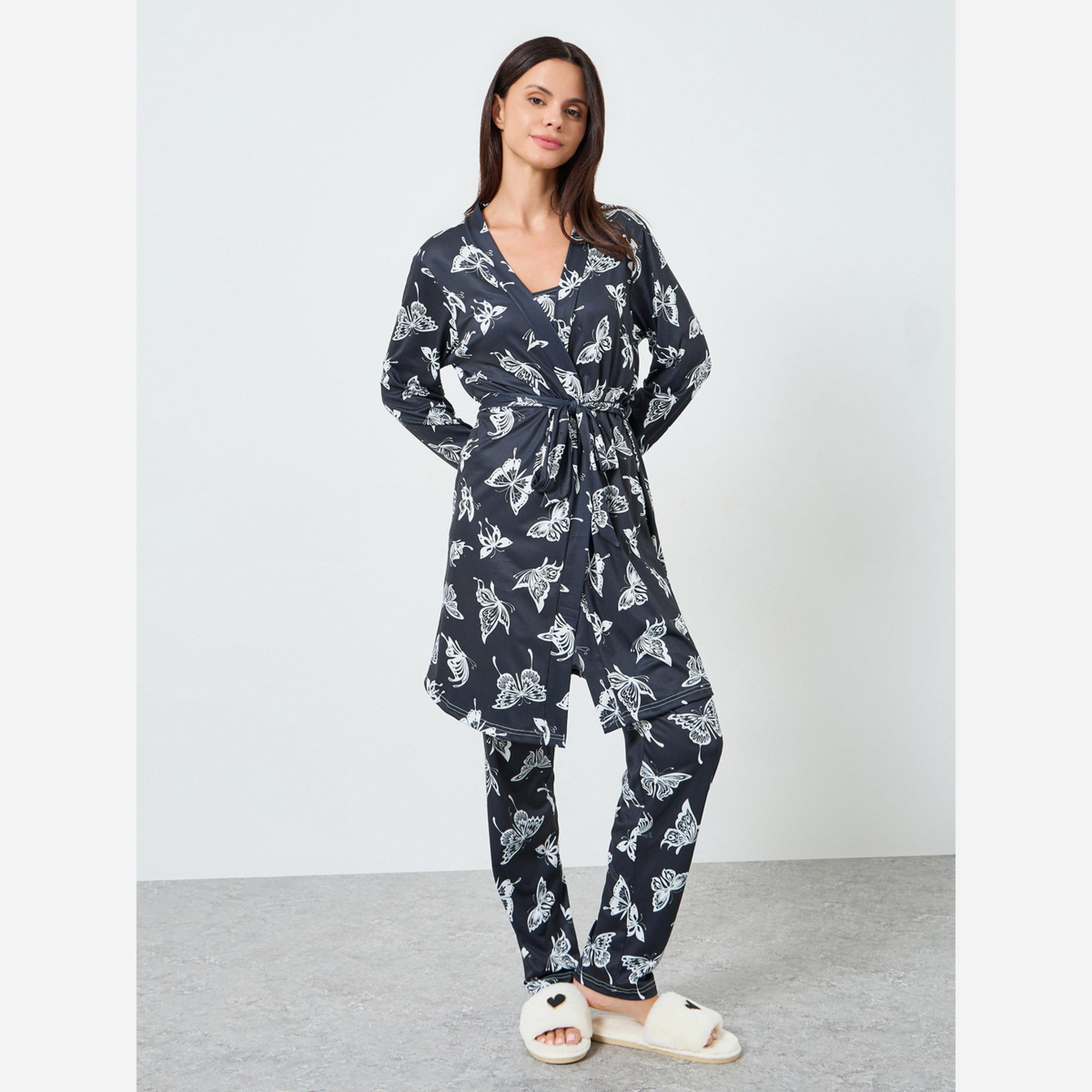 ستايلي - بيجاما 3 قطع: روب وتوب طبعة فراشات-women-clothing-nightwear-pyjamas-longsets-image-3