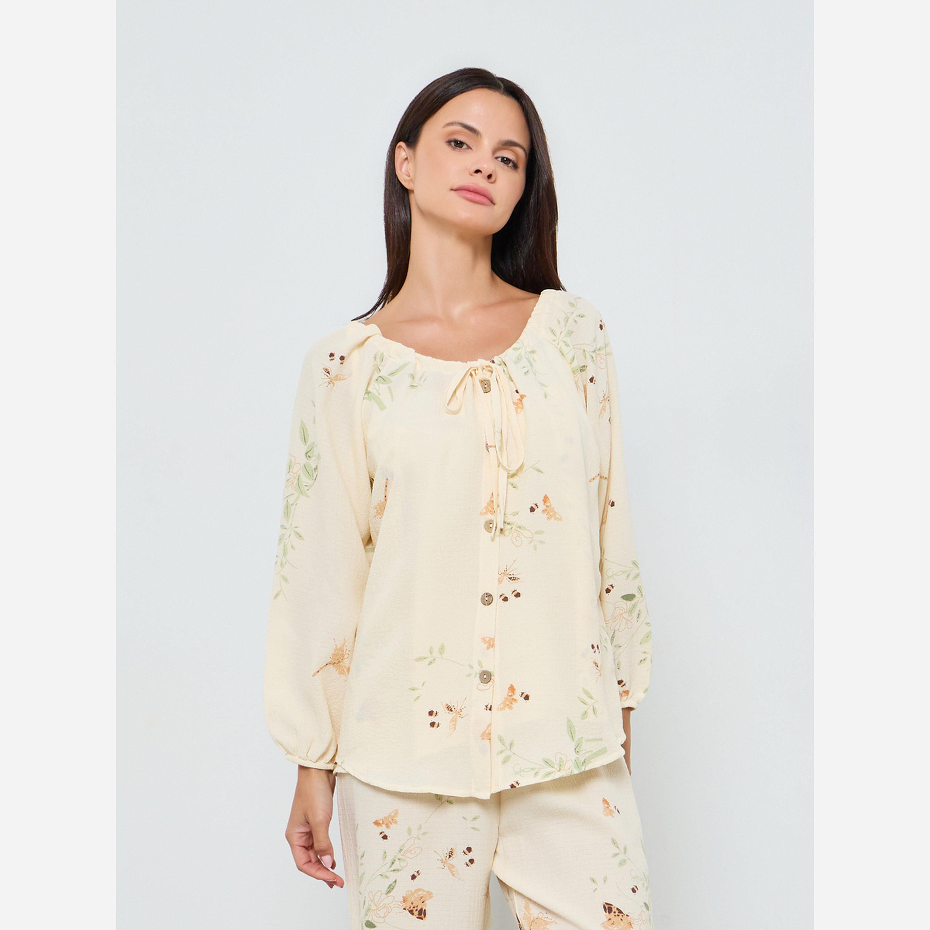 ستايلي - بيجاما ٣ قطع - بلوزة بطبعة استوائية مع بنطال طويل-women-clothing-nightwear-pyjamas-longsets-image-4