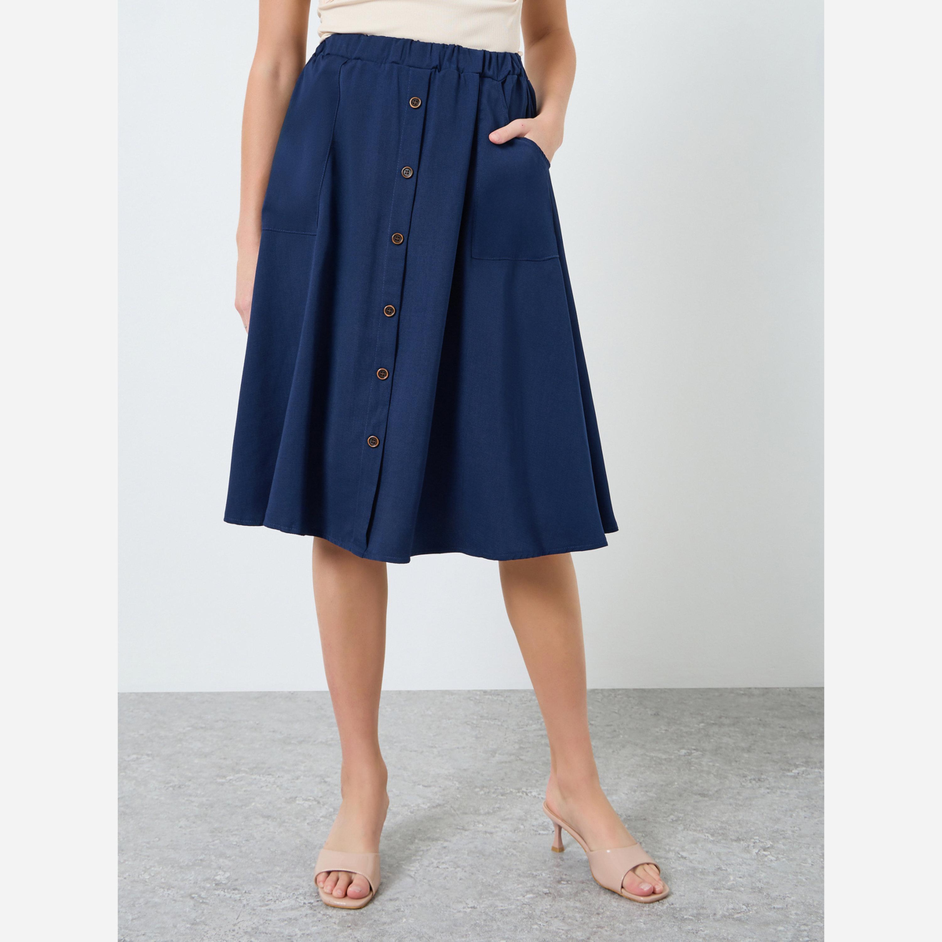 Take Two Women Solid Buttoned Knee-Length Skirt-women-clothing-bottoms-skirts-image-1
