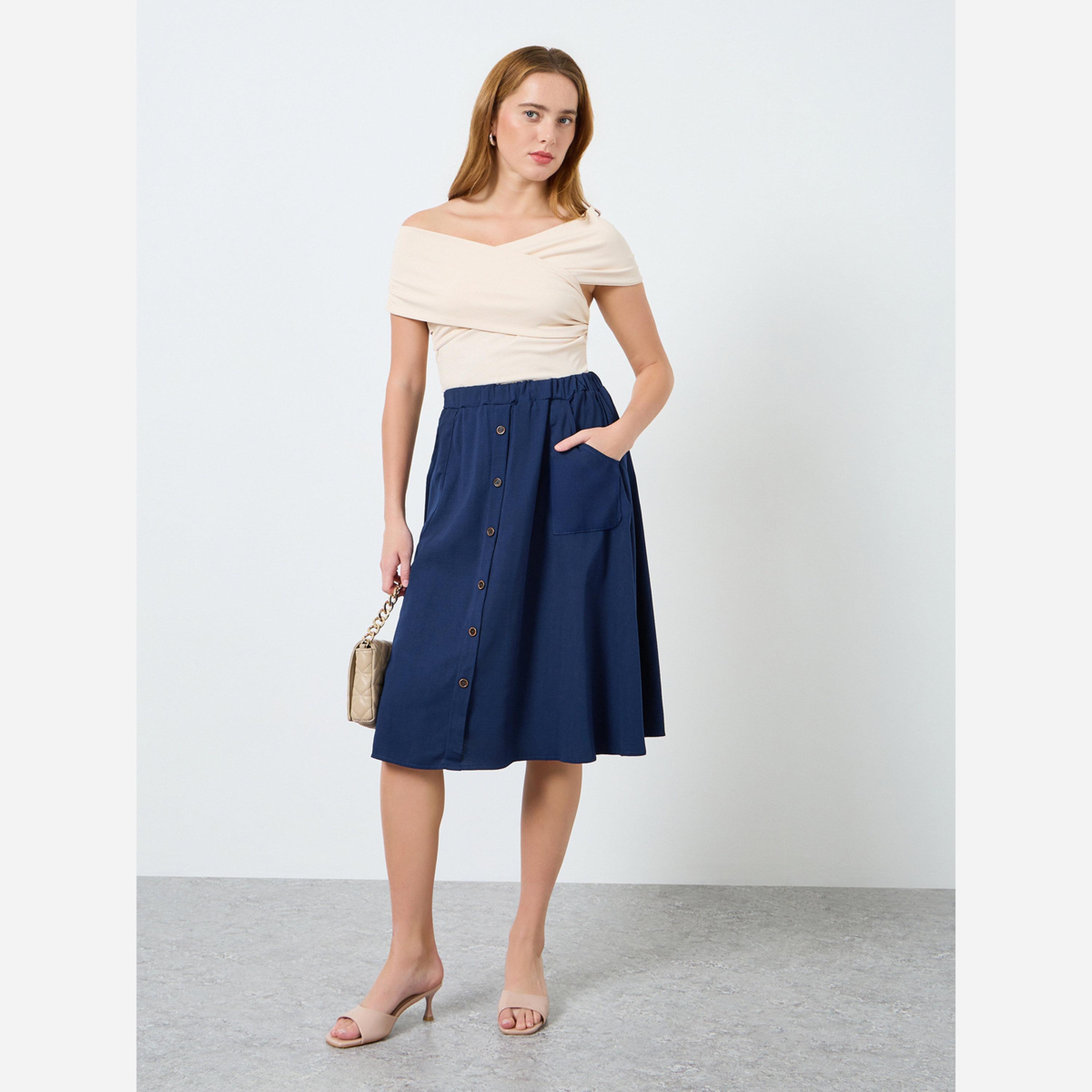 Take Two Women Solid Buttoned Knee-Length Skirt-women-clothing-bottoms-skirts-image-2