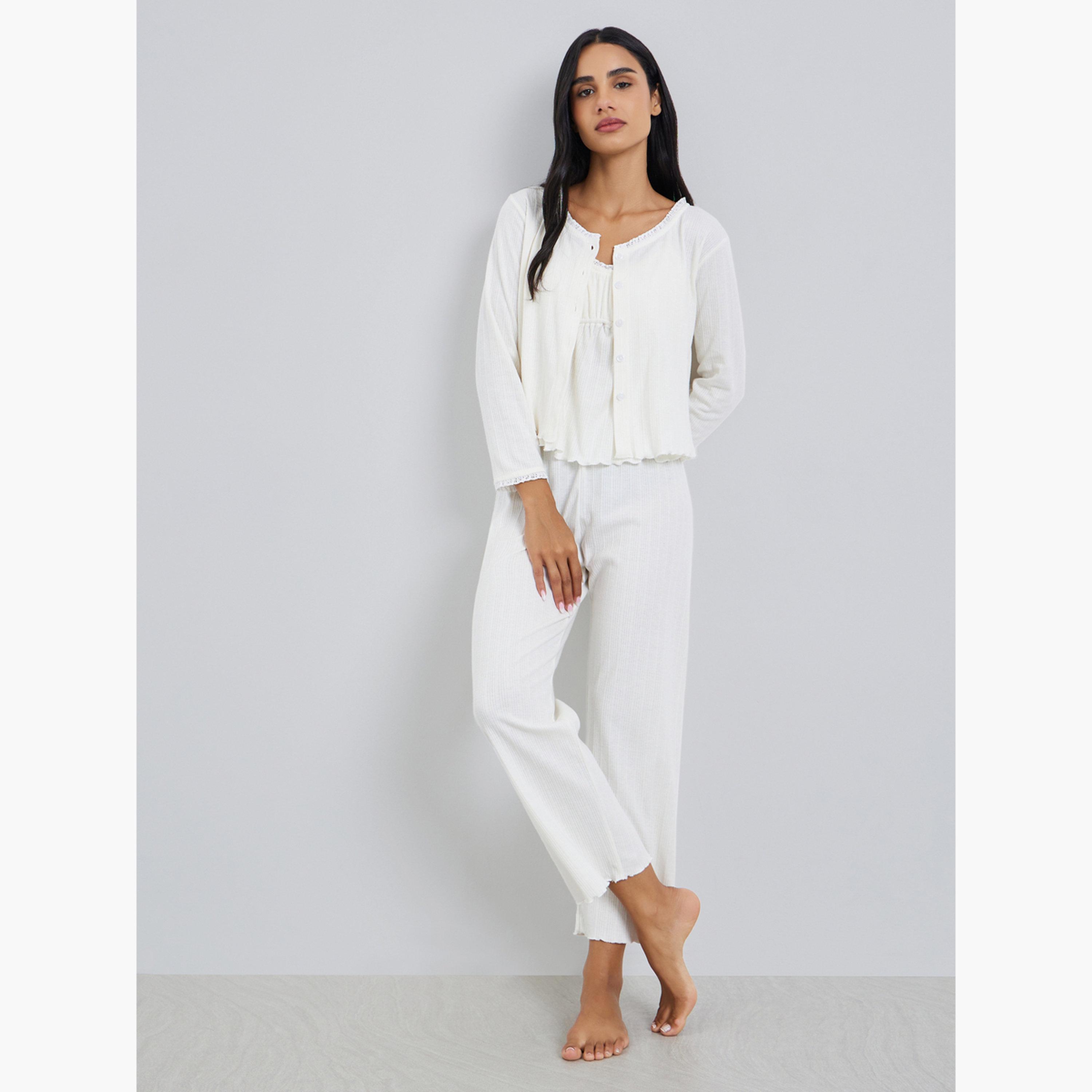 طقم بيجاما من وقميص بأزرار وبلوزة كامي مضلعة-women-clothing-nightwear-pyjamas-longsets-image-1