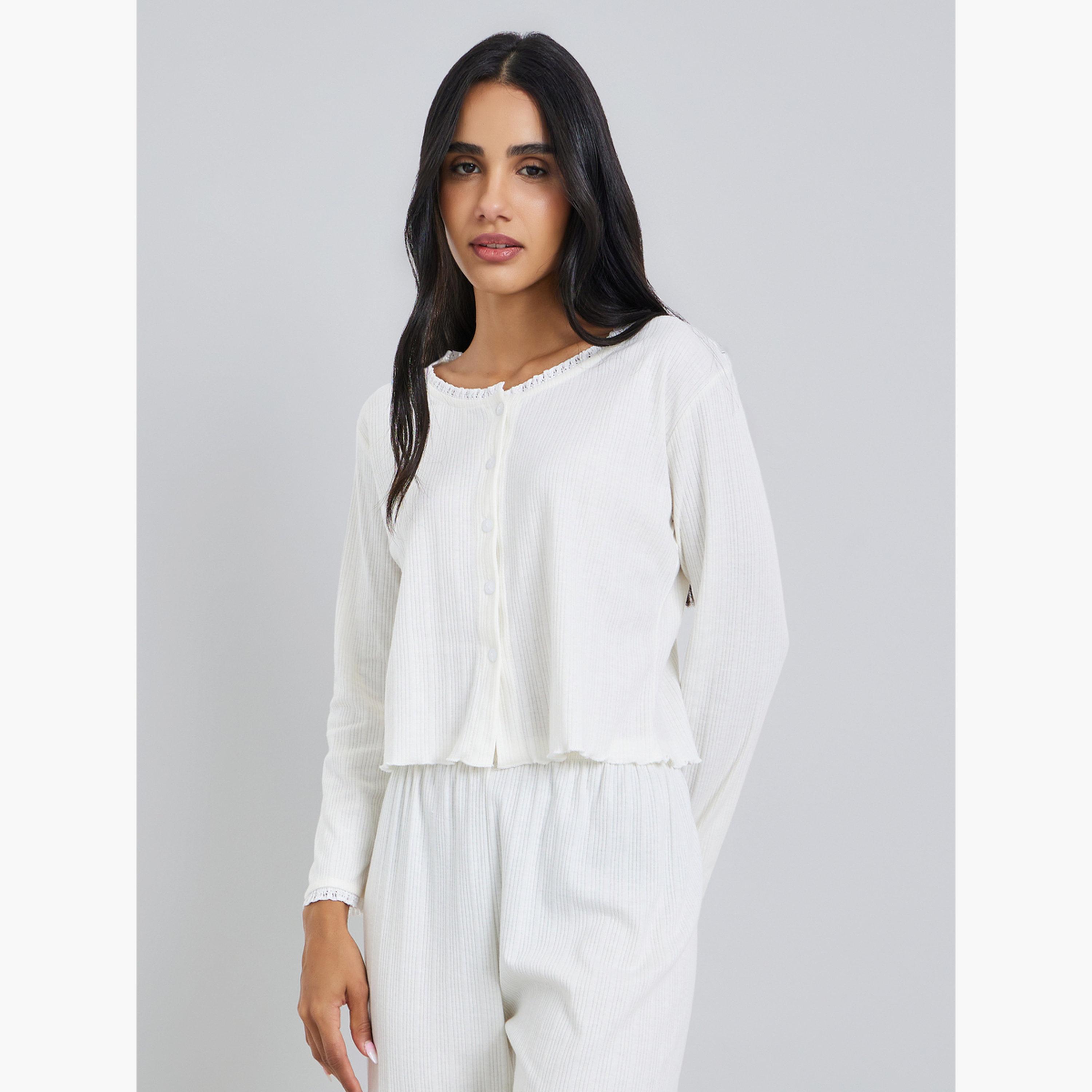 Styli Cream Ribbed Cami with Buttoned Shirt and Pyjama Set-women-clothing-nightwear-pyjamas-longsets-image-3