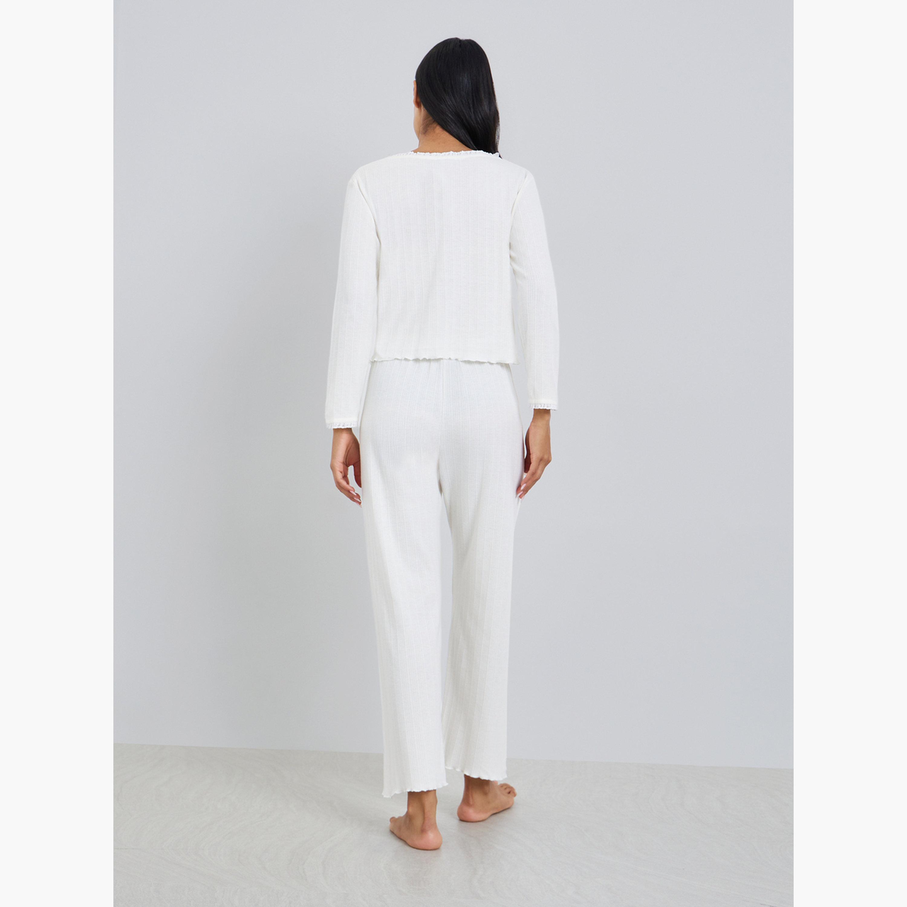 Styli Cream Ribbed Cami with Buttoned Shirt and Pyjama Set-women-clothing-nightwear-pyjamas-longsets-image-4