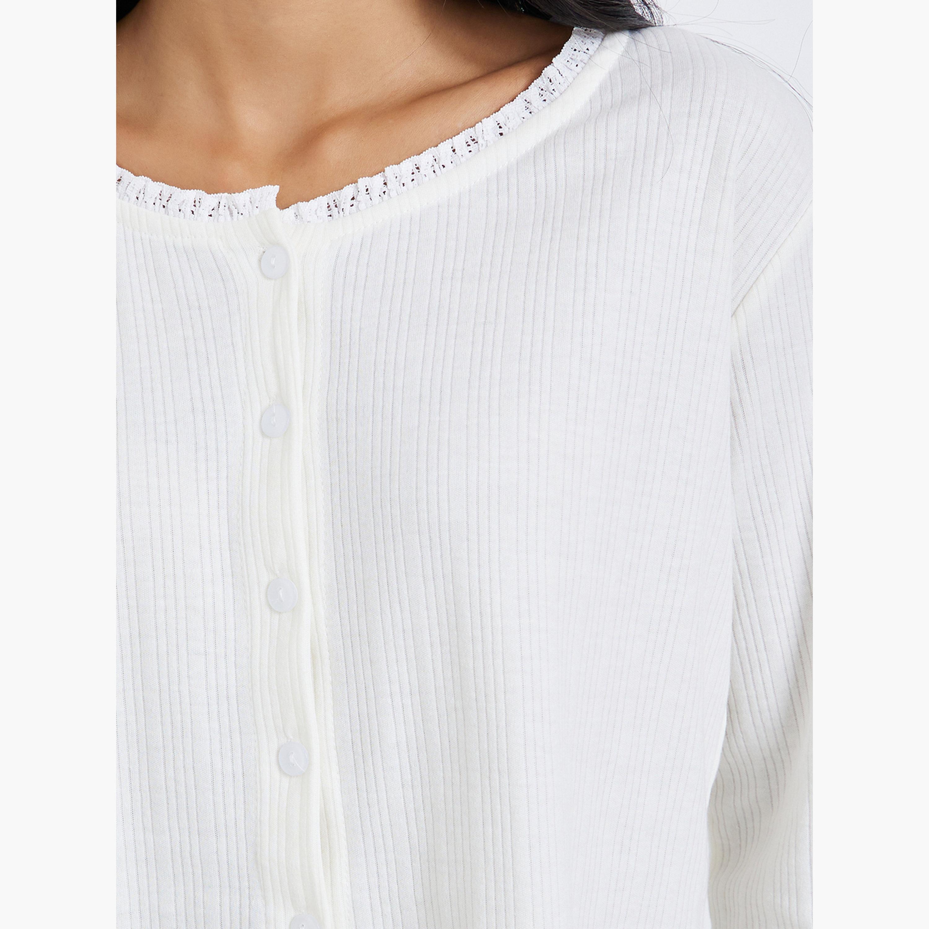 Styli Cream Ribbed Cami with Buttoned Shirt and Pyjama Set-women-clothing-nightwear-pyjamas-longsets-image-6