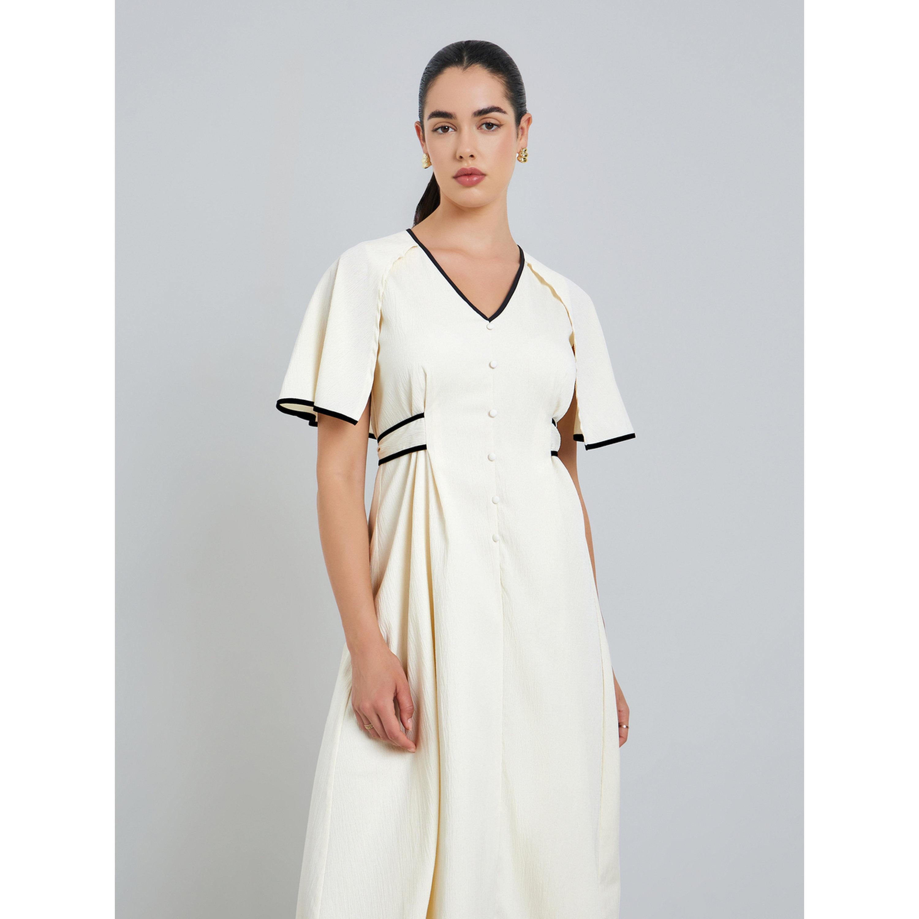 Styli Women Off White Buttoned A-Line Midi Dress-women-clothing-dresses-image-2