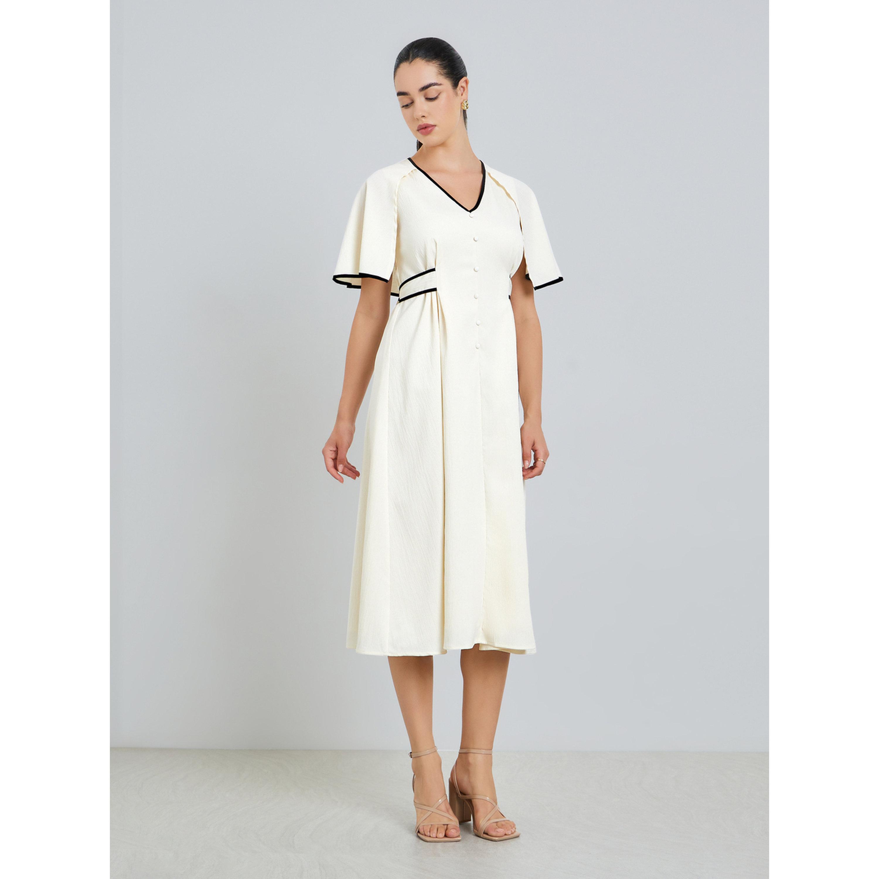 Styli Women Off White Buttoned A-Line Midi Dress-women-clothing-dresses-image-3