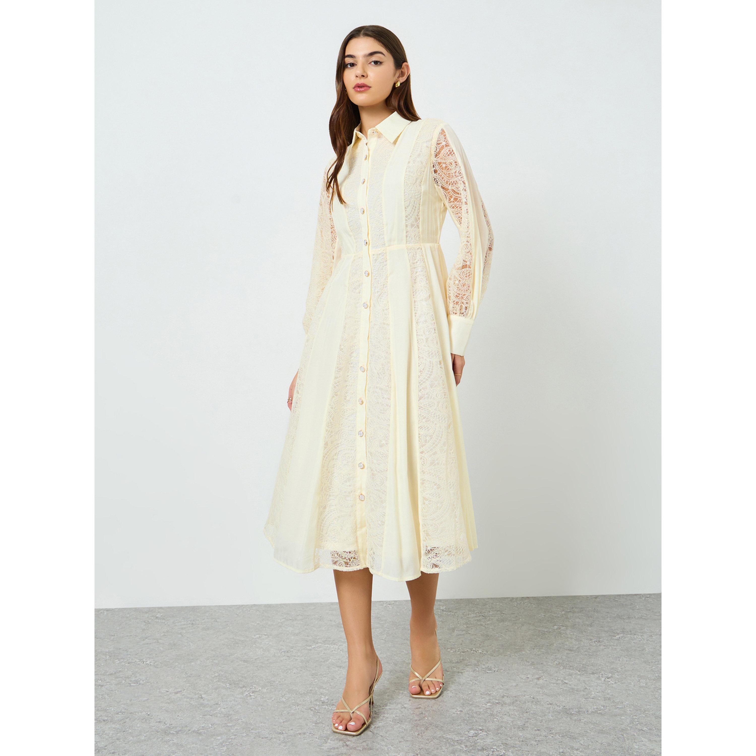 Styli Women Cream Lace Shirt Midi Dress-women-clothing-dresses-image-1