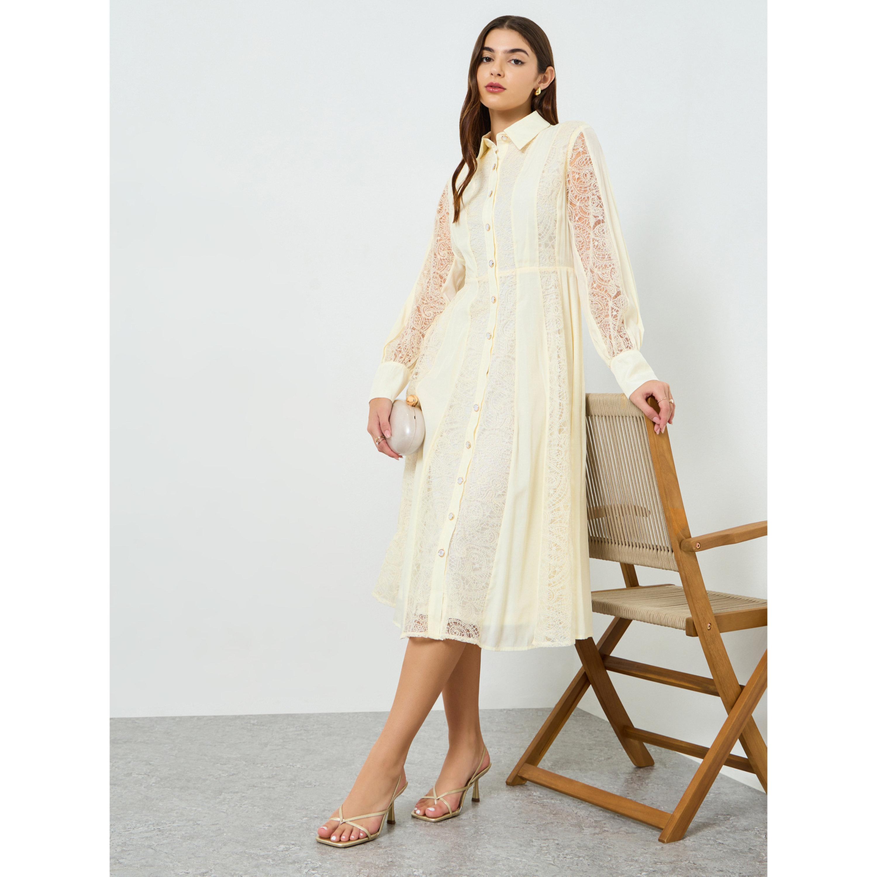 فستان ميدي بنمط قميص من الدانتيل للنساء-women-clothing-dresses-image-3