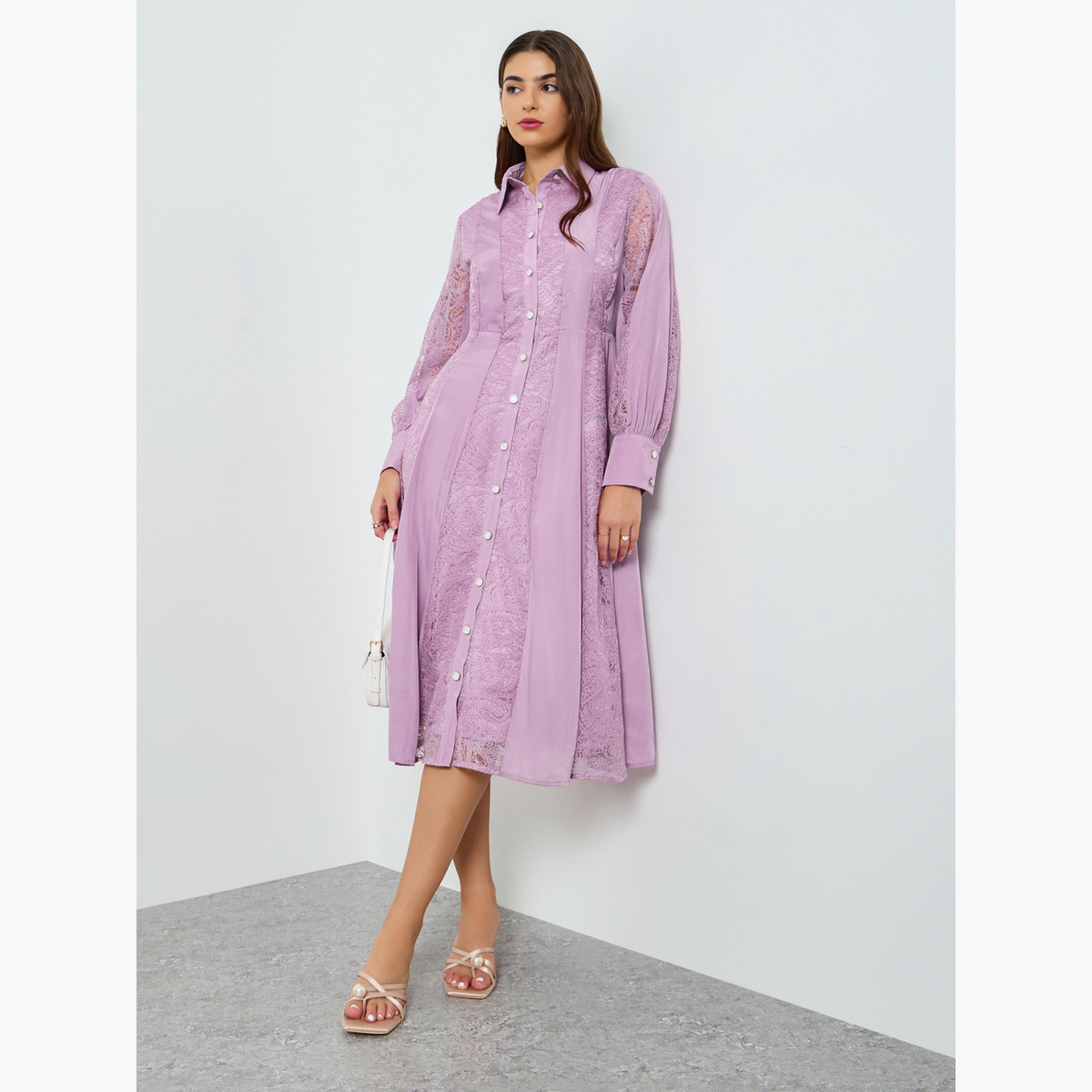 فستان ميدي بتصميم قميص وأكمام بأساور للنساء-women-clothing-dresses-image-1